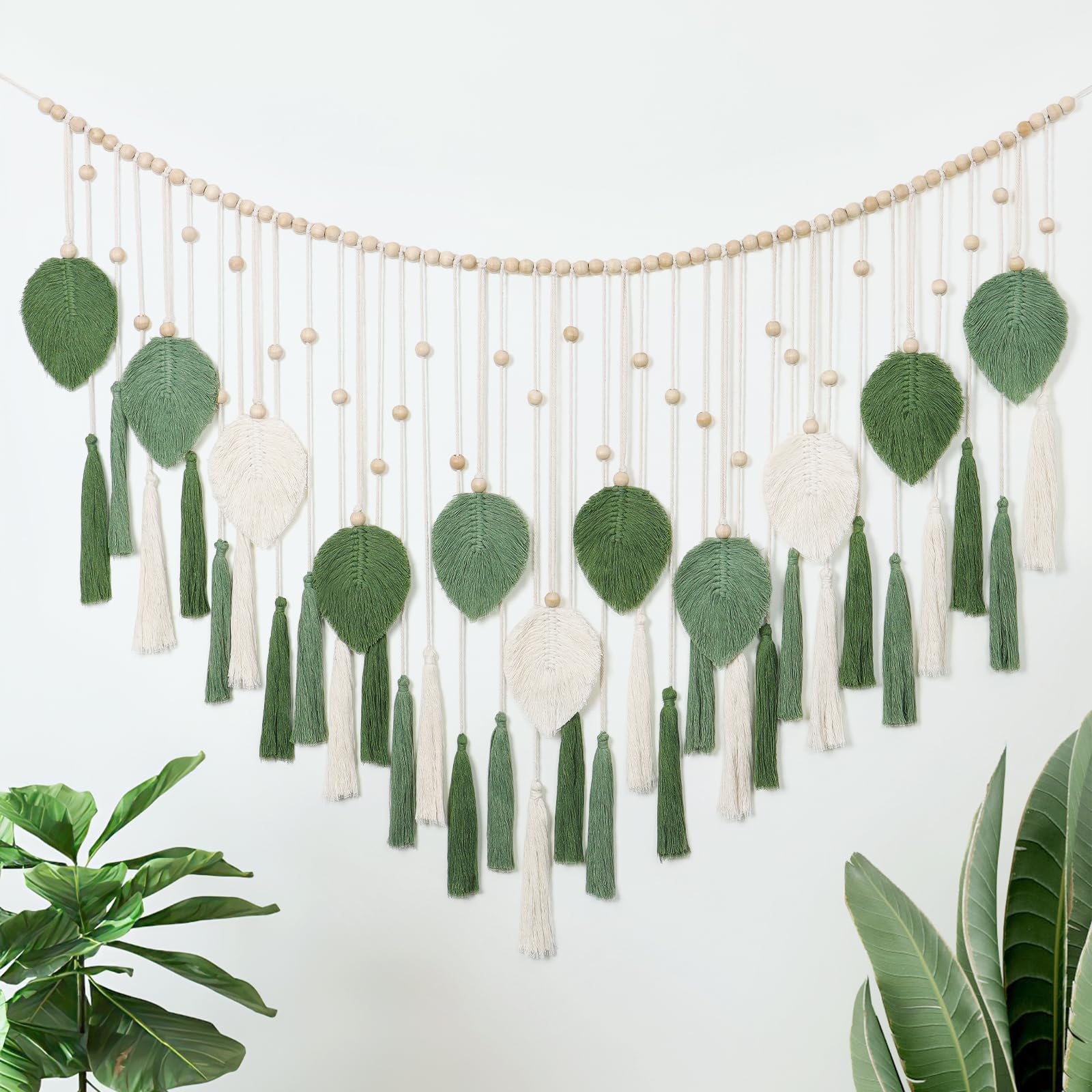 Cyiecw Arazzo Da Parete In Macramè Fatto A Mano – Con Foglie, Nappe E Perline – Decorazione Boho Per Soggiorno, Camera Da Letto – 40x65 Cm