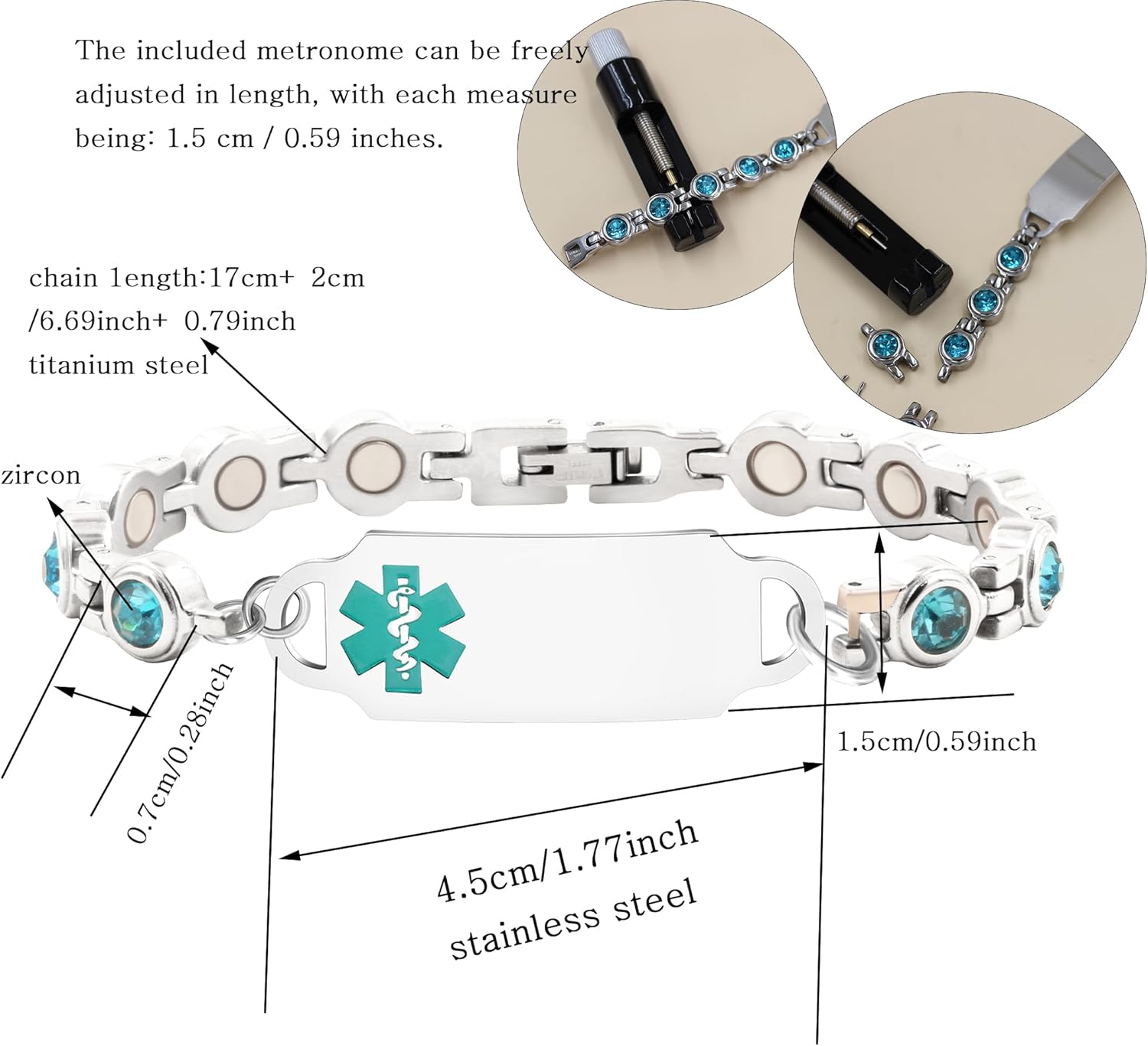 Uloveido Stainless Steel Medical Alert Wristband – Customizable Emergency ID Bracelet for Health Alerts, Light Blue Cubic Zirconia Identity Bracelet for Women YA5705 - Image 5