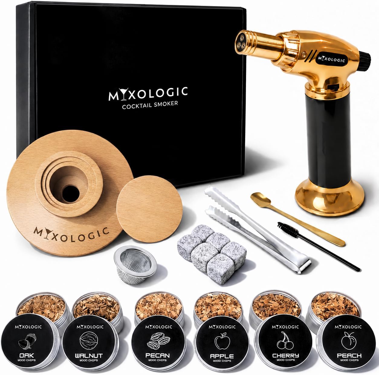 Whiskey Smoker Kit with Torch, 6 Wood Chips, Ice Stones & Accessories, Old Fashioned Whisky Set, Cocktail Smoker for Drinks, Bourbon Infuser, Men Gift, Husband, Dad (No Butane)