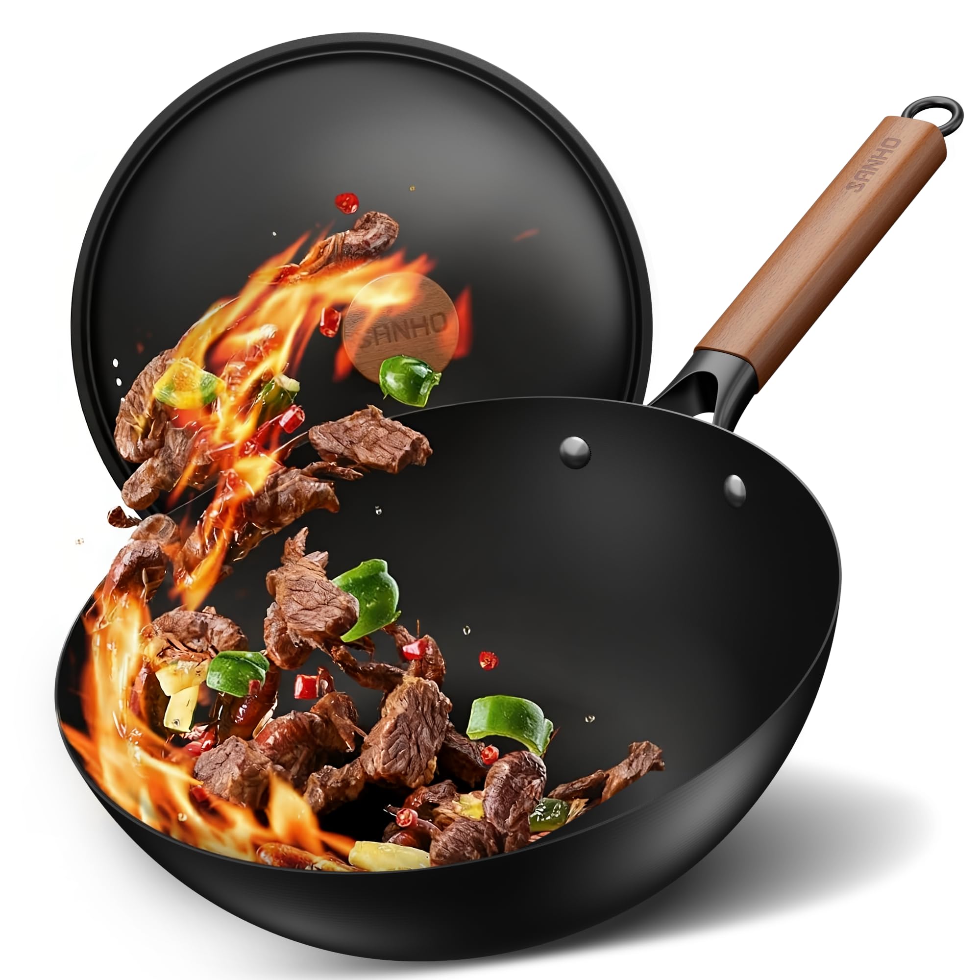 Sanho Wok antiadherente de 30 cm con tapa, sartén wok de inducción sin revestimiento químico y gran capacidad para 3-5 personas, fondo plano, adecuado para inducción, cocinas eléctricas y de gas
