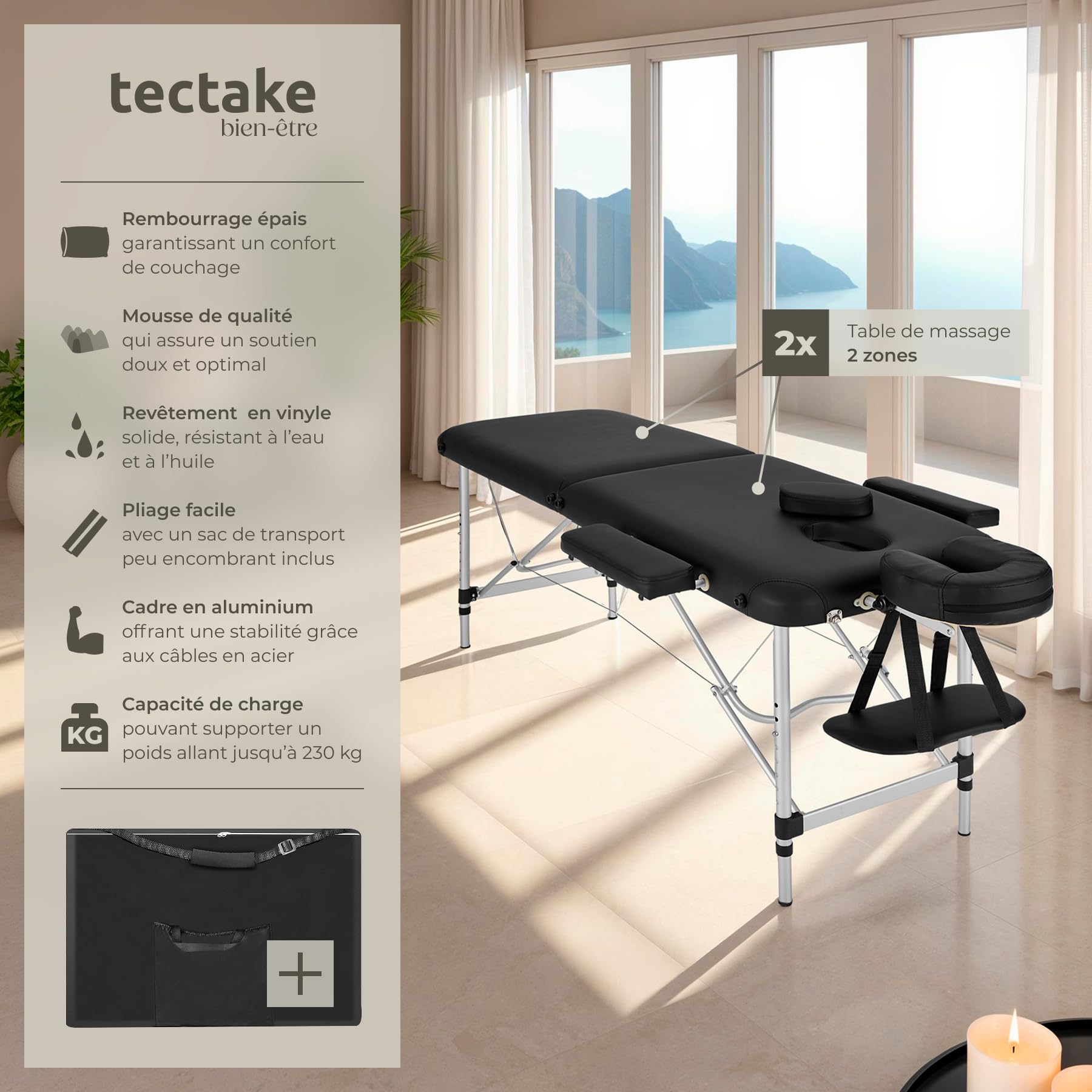 tectake® Table de Massage Pliante Professionnelle 2 Zones Aluminium Cosmetique Lit de Massage Table Esthetique Tatouage Portable avec Repose Bras, Housse de Transport Incluse