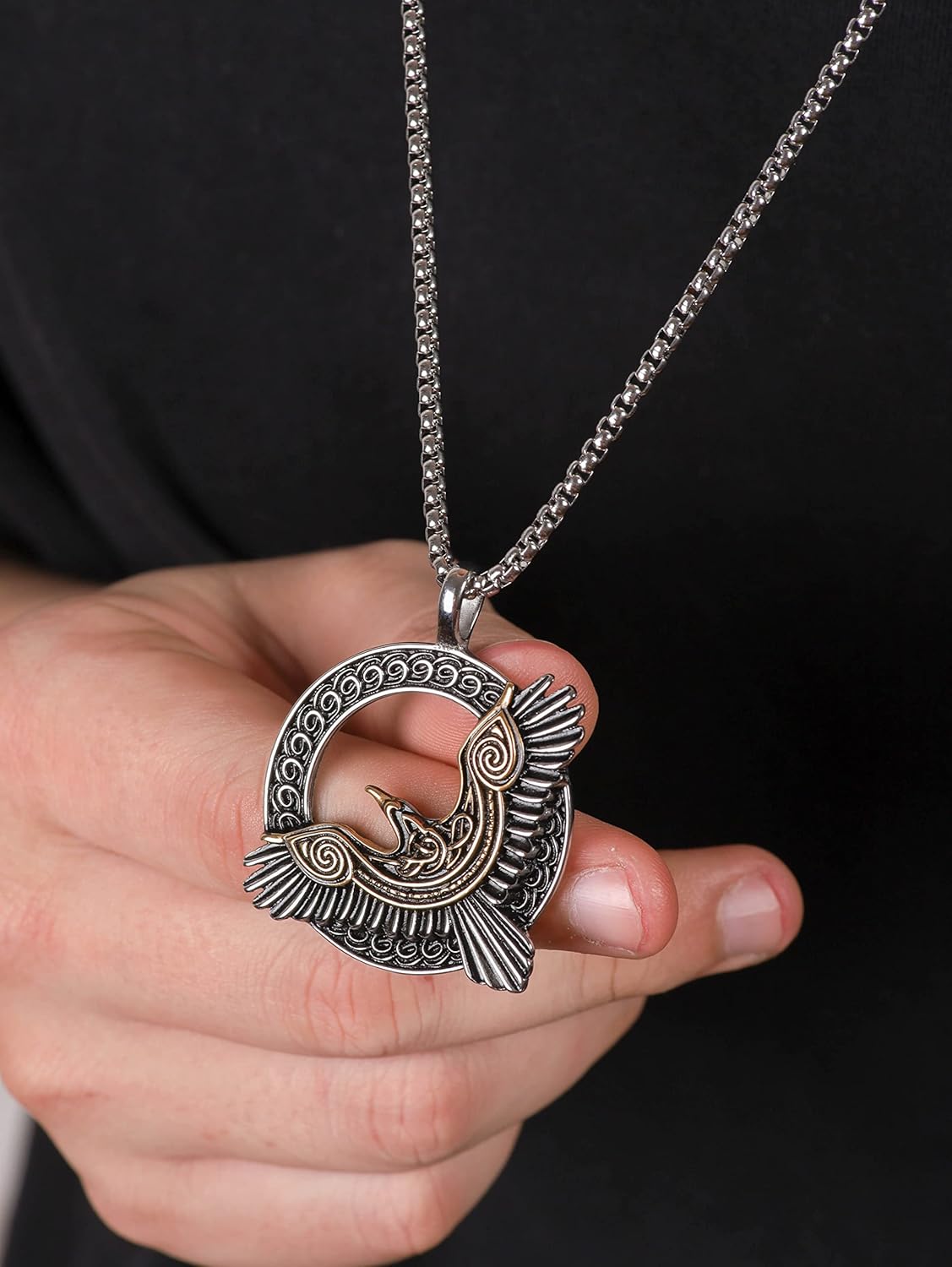 HAQUIL Raven Necklace, Celtic Raven in Flight Medallion Pendant, Box Chain, Raven Jewelry Gift for Men and Women - Image 5