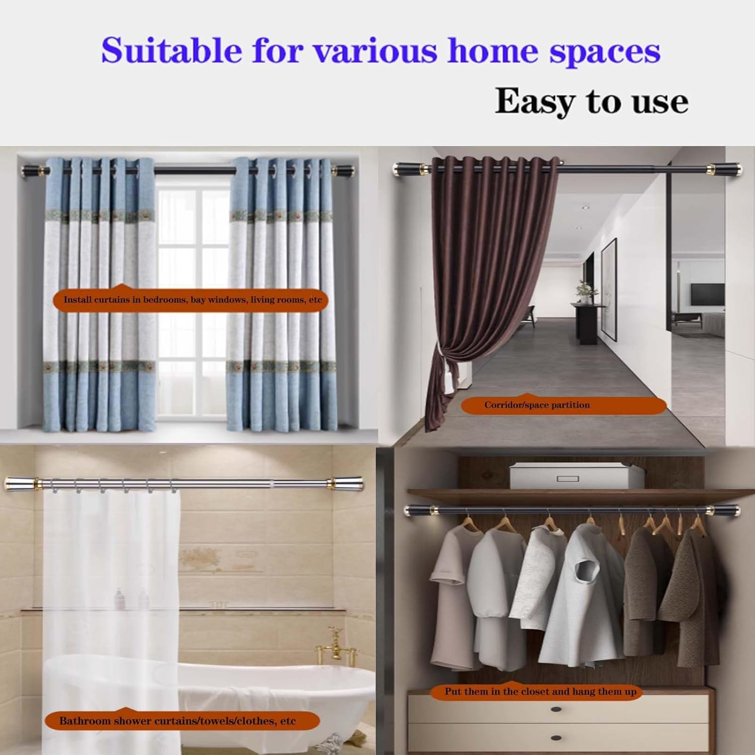 Tension Curtain Rod Spring Rod No Drilling Telescoping Curtain Pole Long-Lasting Design for Windows Bathrooms Closet Kitchen(Steel,1.1-2.0m)