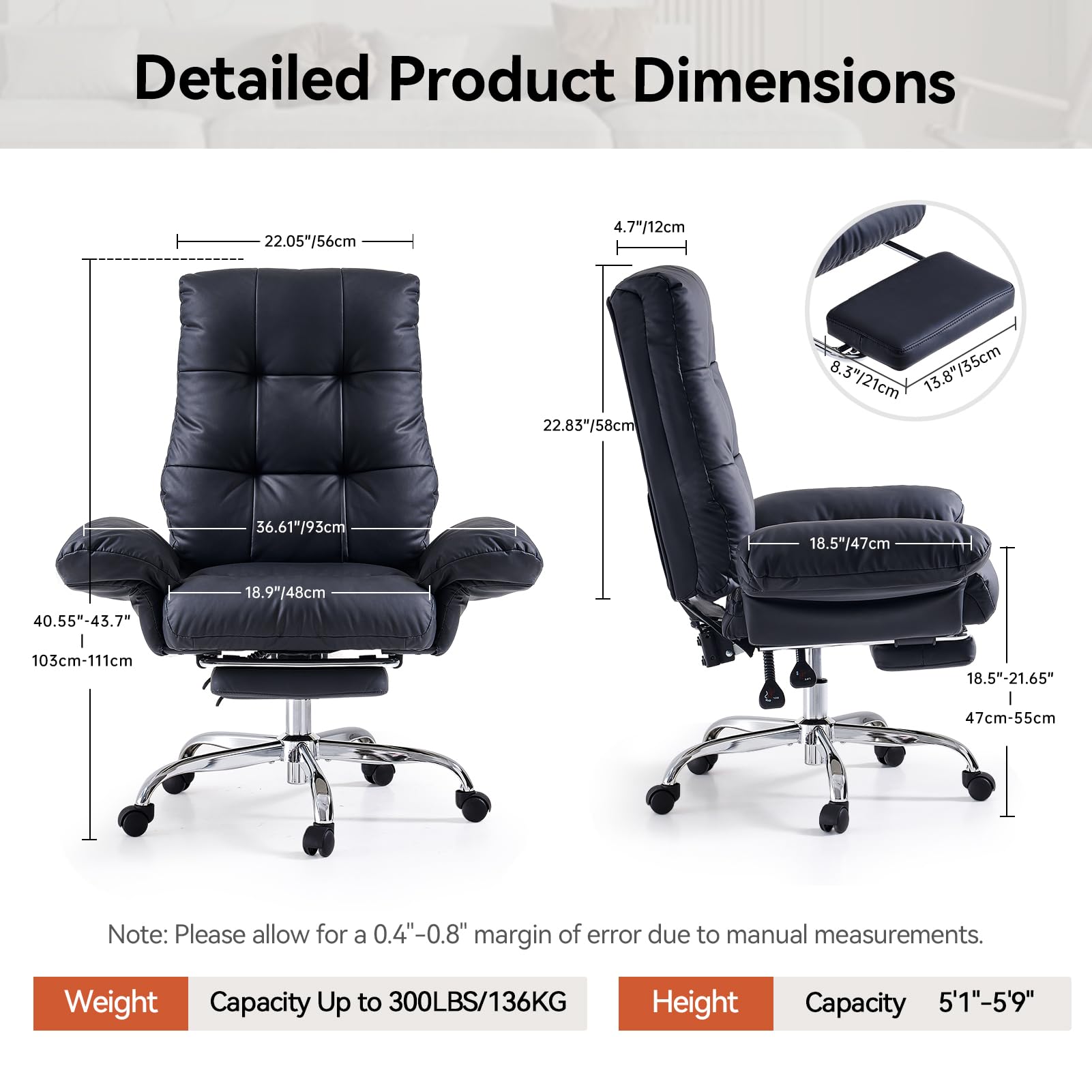 EMIAH Sedia da Ufficio con braccioli ribaltabili, Criss Cross Poltrona Reclinabile da Scrivania in Pelle PU, Sedie Moderne per Vanità con Ruote, Ergonomica Sedia da Computer con Poggiapiedi, Nero