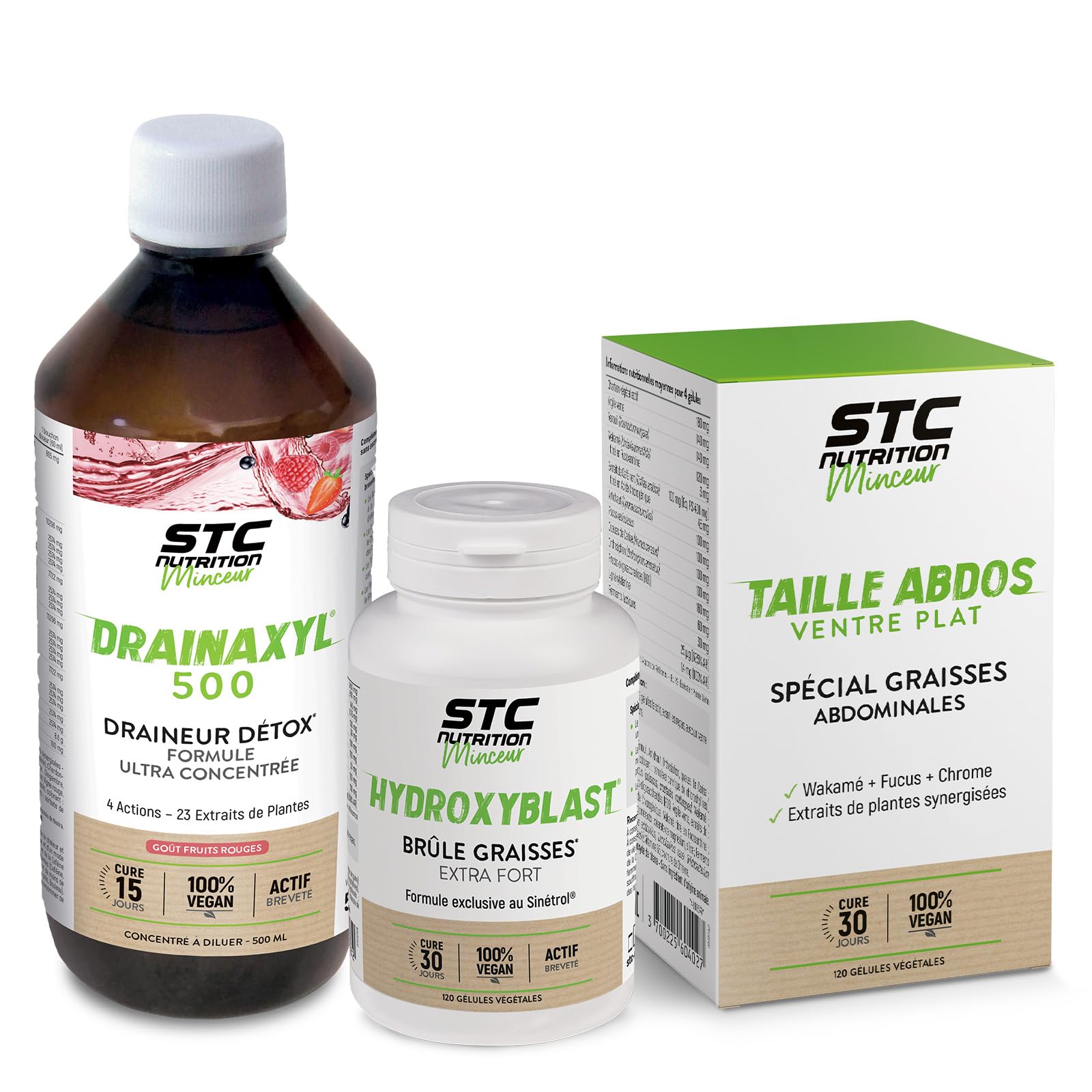 STC NUTRITION - Pack perte de poids express - Hydroxyblast + Drainaxyl Fruits rouges + Taille Abdos Ventre Plat - Programme minceur intensif 10 Jours - Brûleur de graisses, Drainant & Capteur