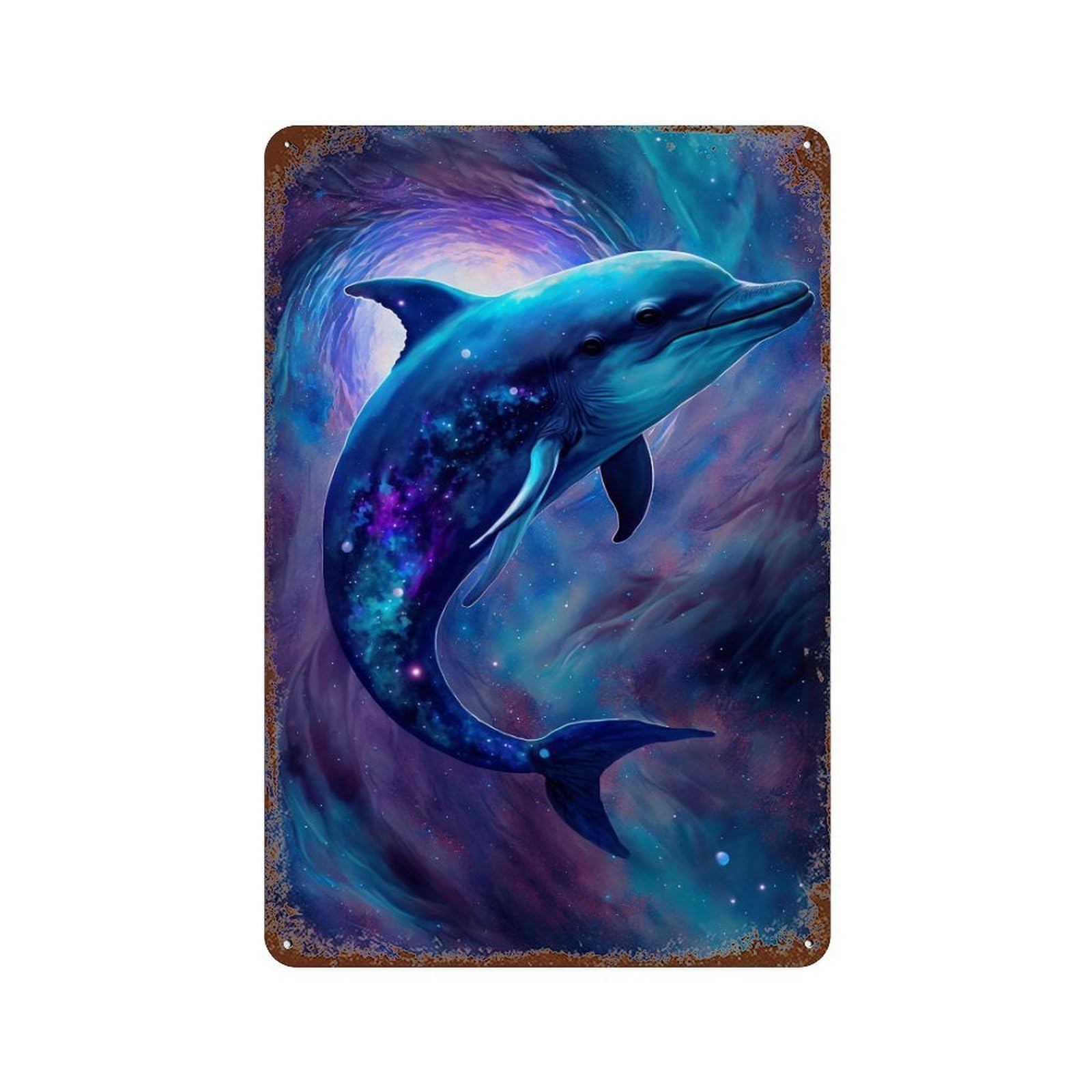 Cosmic Dolphin Art Print-4 11.8"x7.9" Vintage Rust Metal Sign, Decorative Metal Wall Art for Bistro, Counter And Cafe Decor