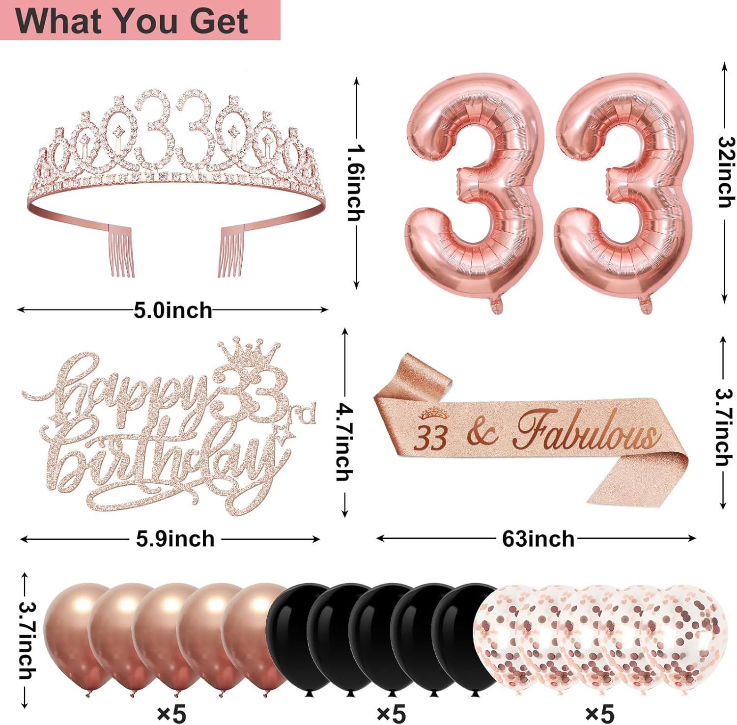 33rd Birthday Decorations for Women,32PCS 33rd Birthday Party Decorations,Including Backdrop, Crown, Sash, banner, Hanging Swirl,balloons,Cake Topper,Paper Fans and Anniversary Card - Image 6