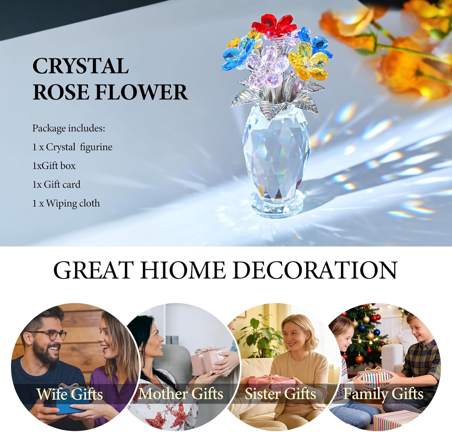Crystal Flower Paperweight Glass Flowers Decoration Birthday Gifts for Mom Wife Girlfriend Daughter Ornament Bouquet Wedding Anniversary from Son (Multicolored Flowers)