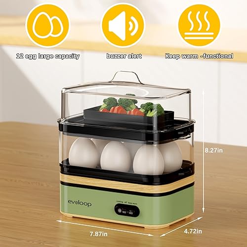 Miniatura 7 de Evoloop Rapid - Olla eléctrica para 12 huevos, con capacidad para 12 huevos, suave, mediana, hervida dura, escalfada, máquina para tortillas,