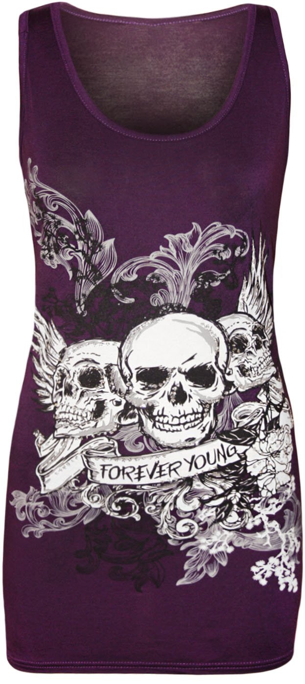 WearAll Womens Skull Forever Young Print Racer Back Sleeveless Ladies Vest Top - Purple - 8-10