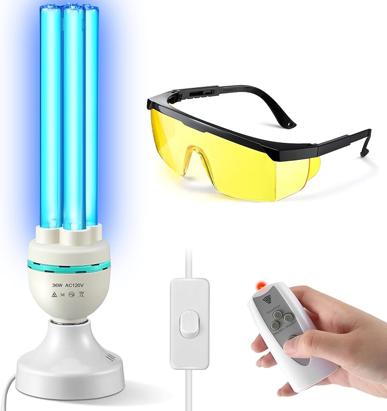Luz UV de 36 vatios sin ozono con control remoto y lentes de seguridad, lámpara UV con base E26, temporizador de 3 velocidades 15/30/60 minutos, bombilla UVC para sótano, dormitorio, cocina, almacén