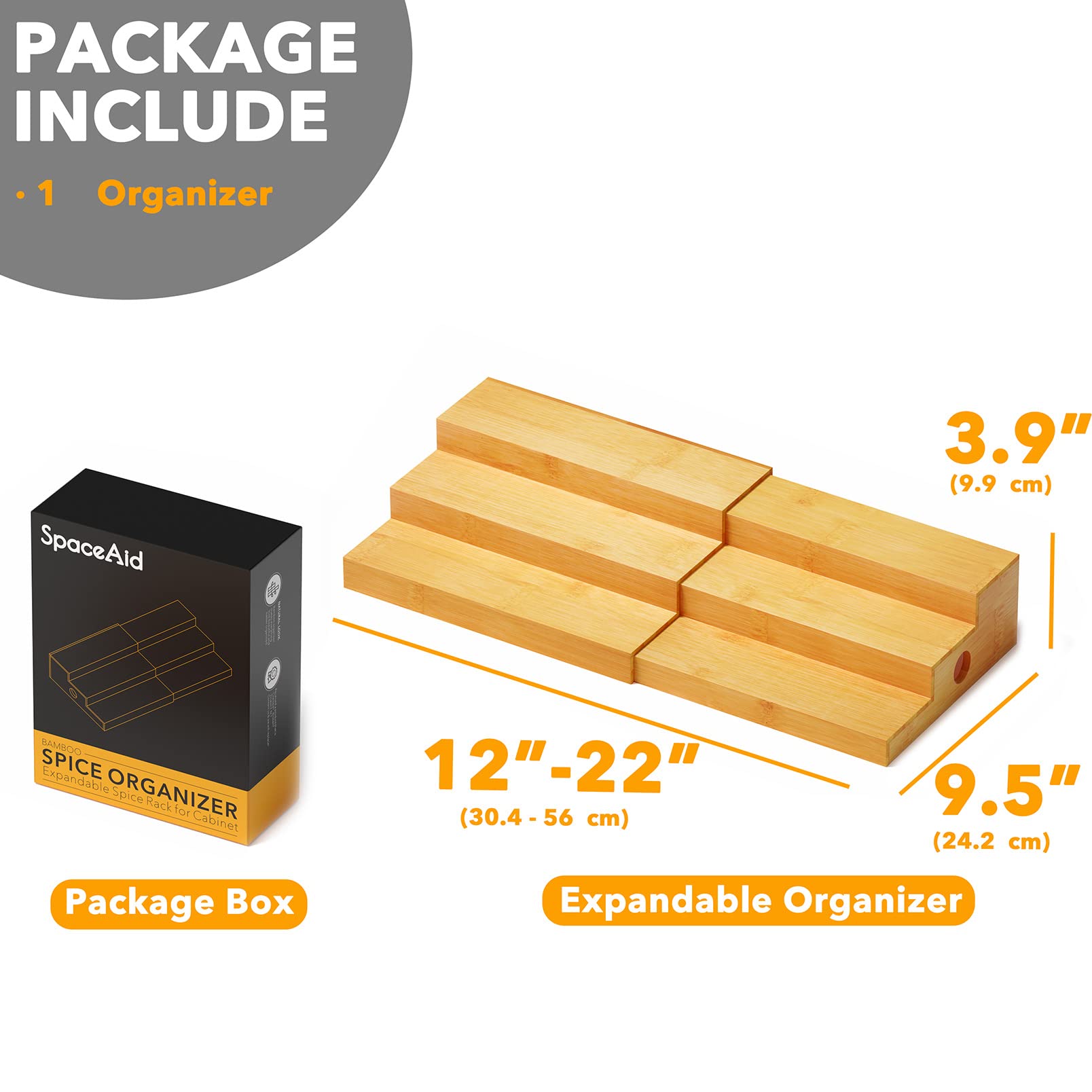 SpaceAid Organizador de especias para armario de cocina, despensa y encimera, estante de exhibición expandible de bambú para condimentos y latas (3 niveles, natural)