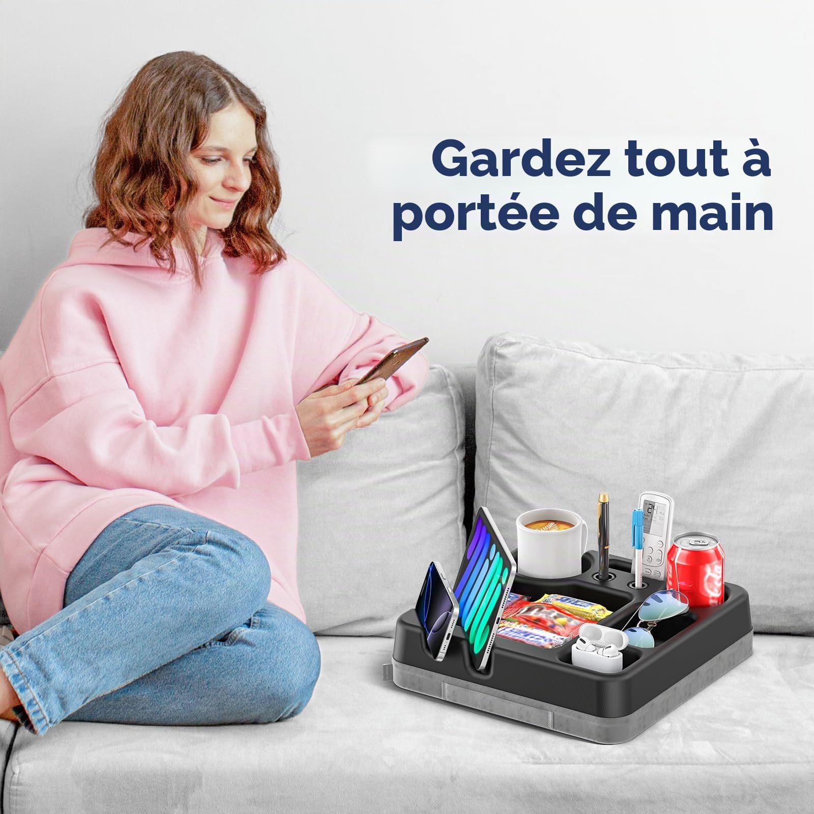 CLESOO Porte-gobelets pour Canapé - Coussin Plateau Canape avec Plateau à Collation, Support Télécommande, Porte-stylo, Support Téléphone & Tablette - Organisateur de Canapé pour Lit, Loisirs, Voiture