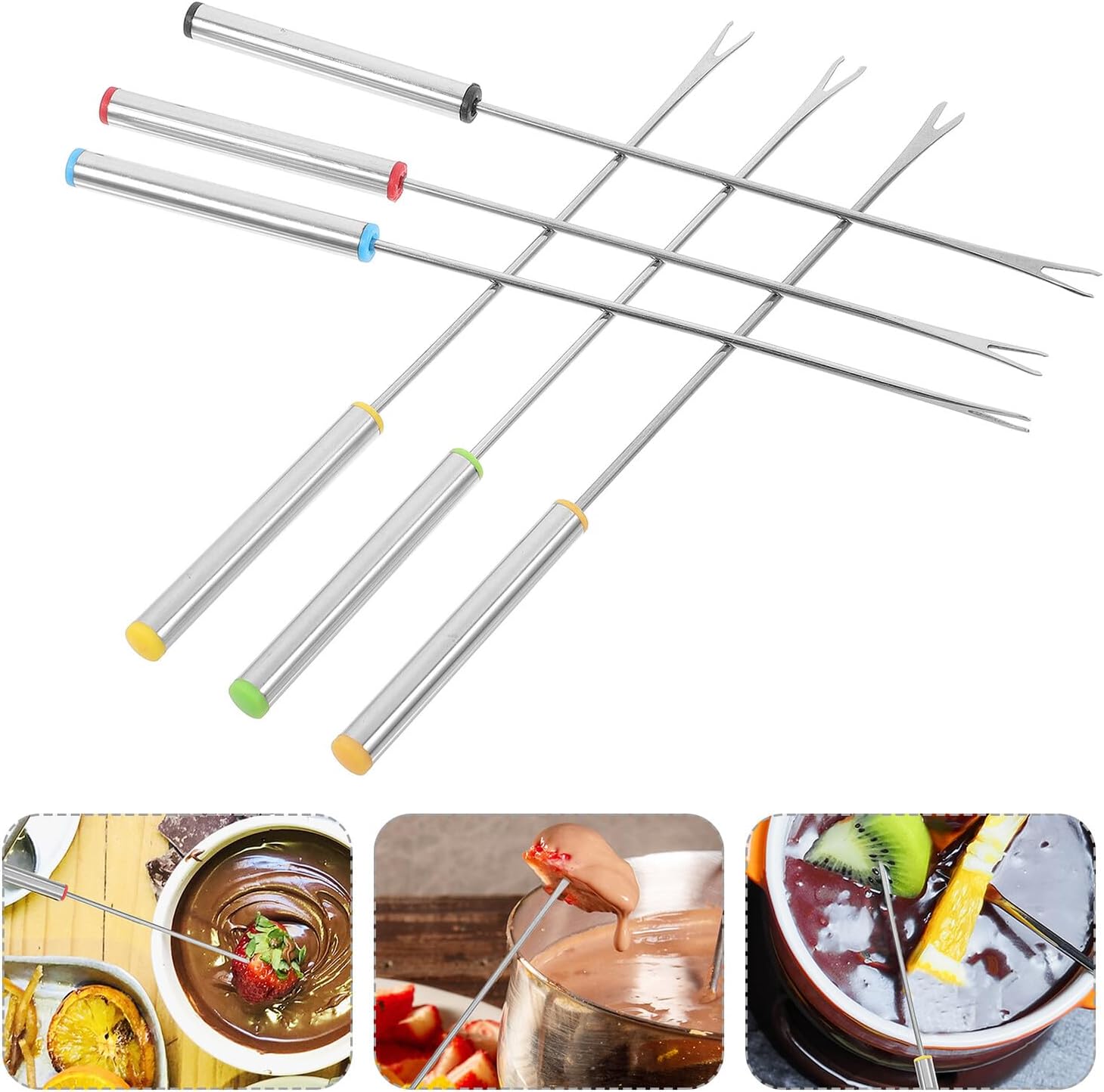VALICLUD 6pcs Stainless Steel Fondue Forks Set with Heat Resistant Handles, Bbq and Hot Pot Dipping Sticks for Cheese, Chocolate, Meat, and Marshmallows