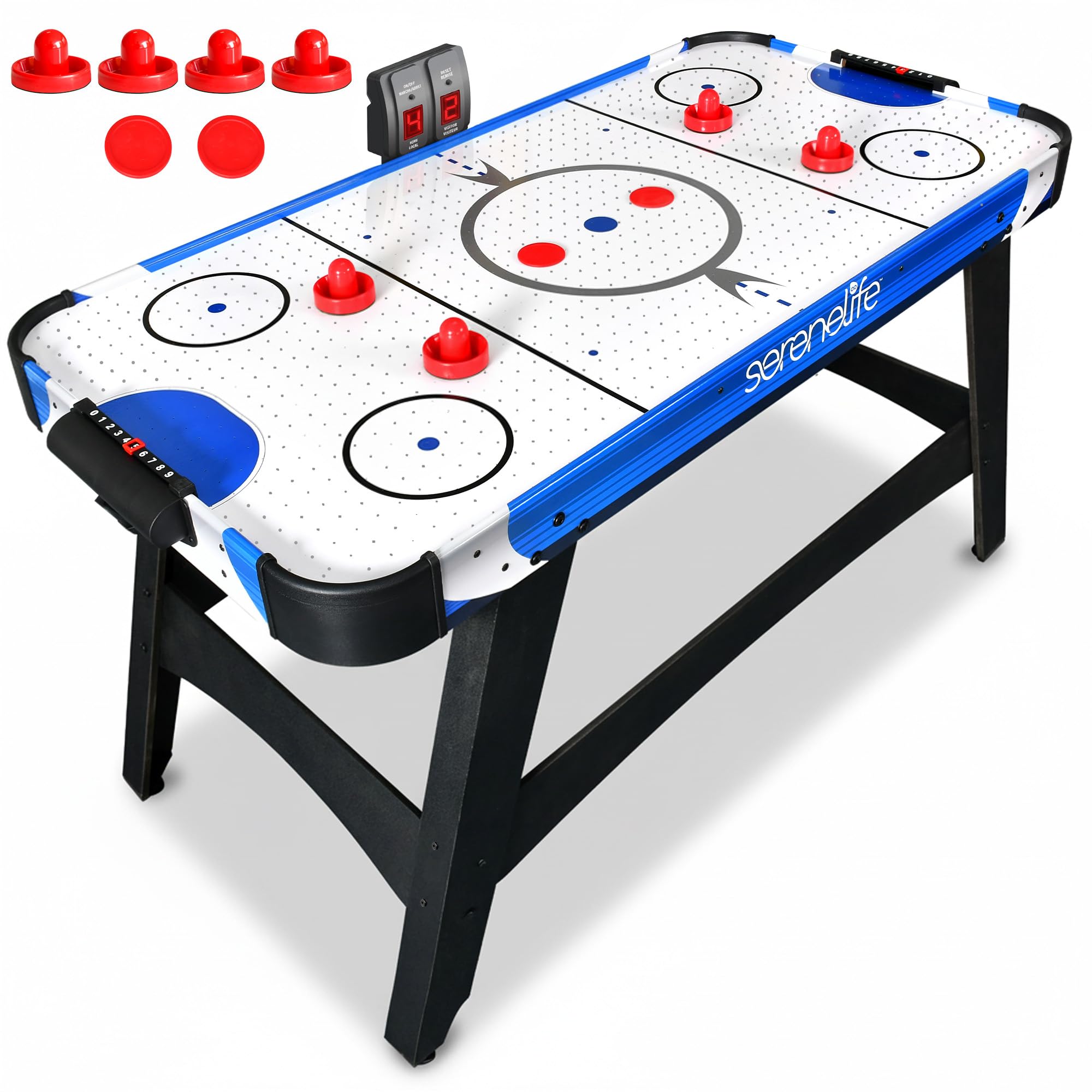58in Powered Air Hockey Table Upgraded 700mA 12v 2X Powerful Motor, 4 Player 4 Pucks 2 Pushers, Full-Size Arcade Style, Inline Power Switch and Battery Free Digital LED Score Board