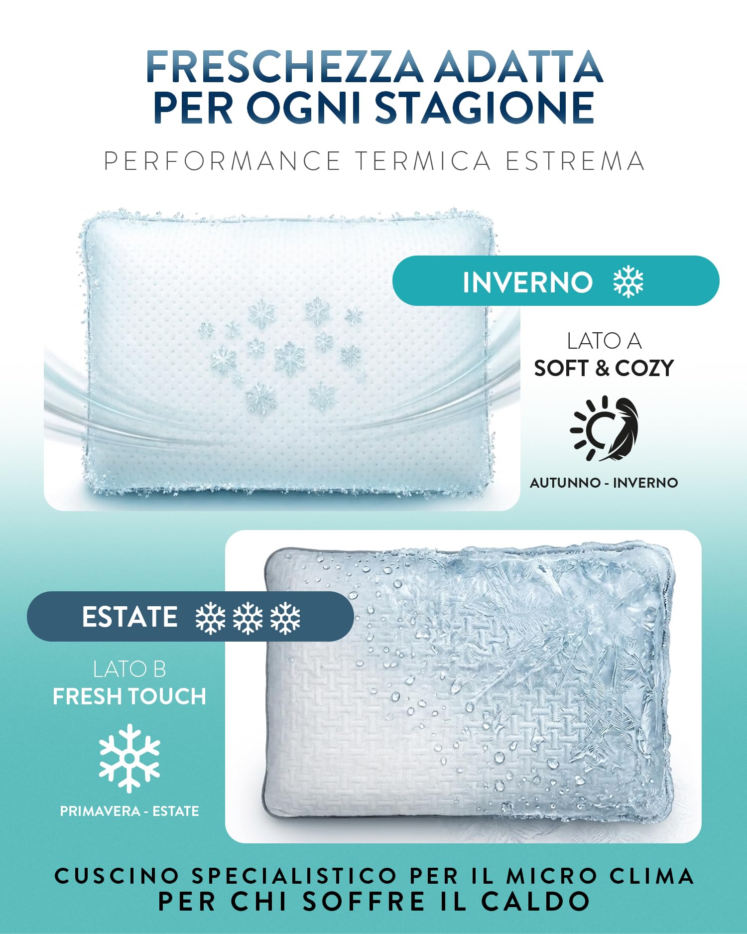 Cuscino Memory Foam 60x40cm, Alta Densità, Altezza 14 cm, Rivestimento Sfoderabile e Lavabile, Super Fresco, Cuscini Letto, Cuscino Alto, Modello BELLAGIO