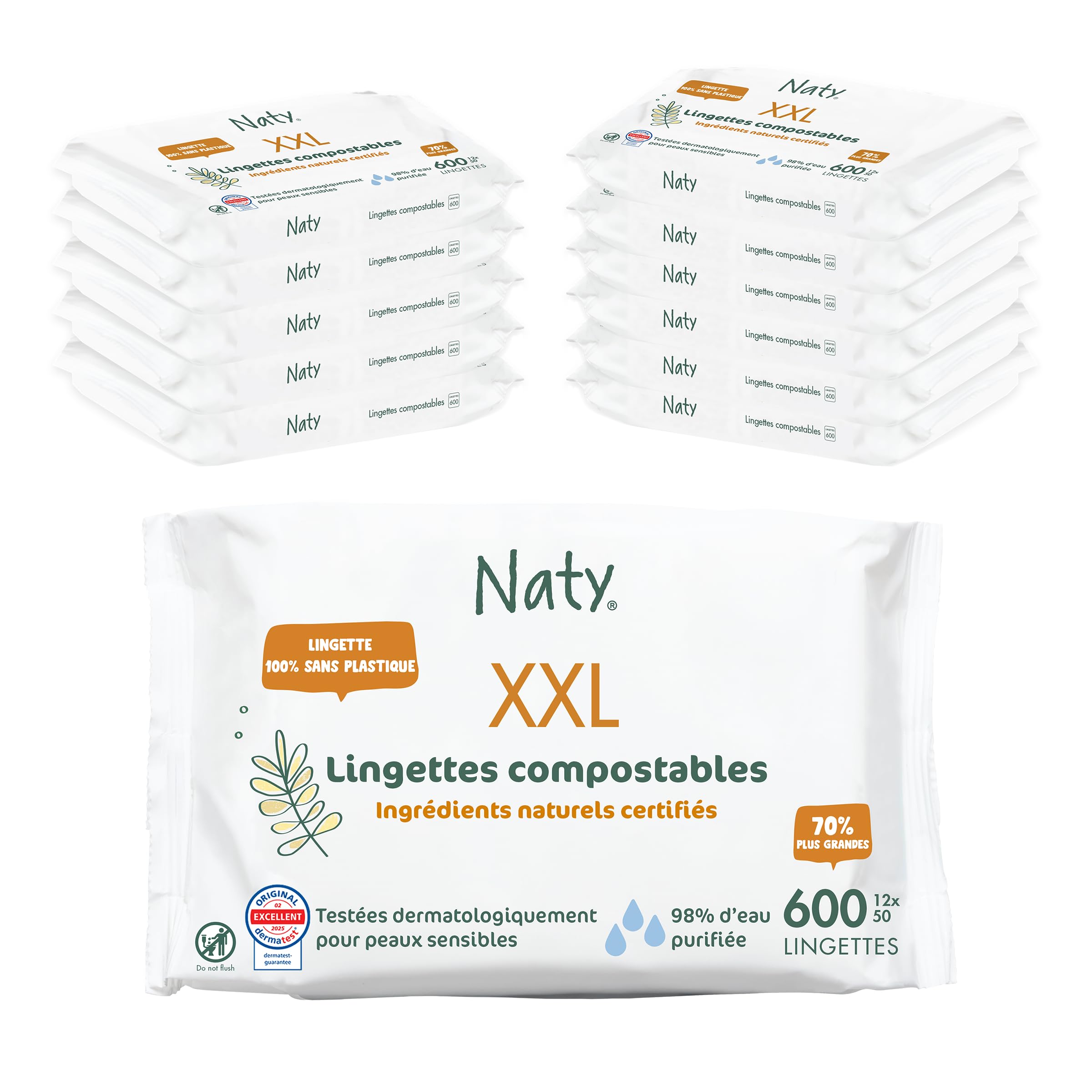 Naty Lingettes Bébé XXL, 98% d'Eau, 600 unités (12 paquets) | Hypoallergéniques, Naturelles pour Peaux Sensibles, Sans Parfum, à base de plantes, Douces pour Nouveau-Nés & Tout-Petits