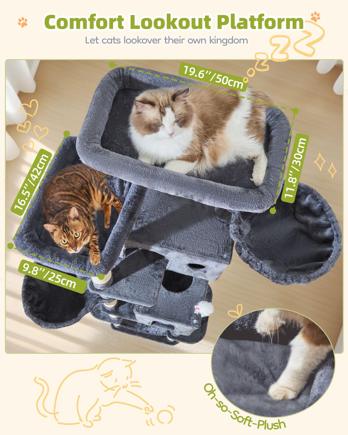 Taoqimiao Árbol para Gatos Grandes 193 cm, Árbol Rascador de Interior con Postes Arañadores, 2 Cabañas, 2 Plataformas, 2 Cestas Colgantes Amplias y Hamaca Suave, MS046G Gris Oscuro