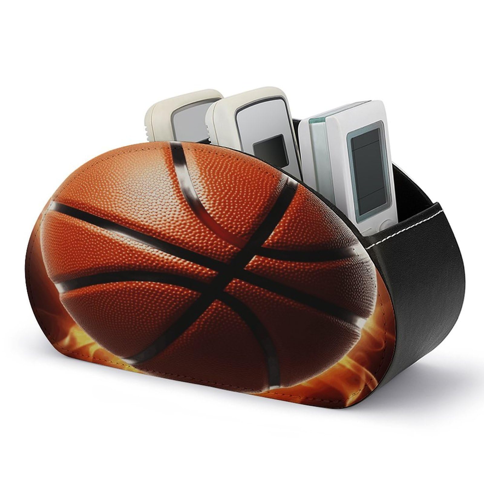 VstaDank Basketball Remote Control Holder Farmhouse TV Media Remote Storage Box with 5 Compartments PU Leather Remote Caddy Desktop Organizer for Home Bedside Table Organizer