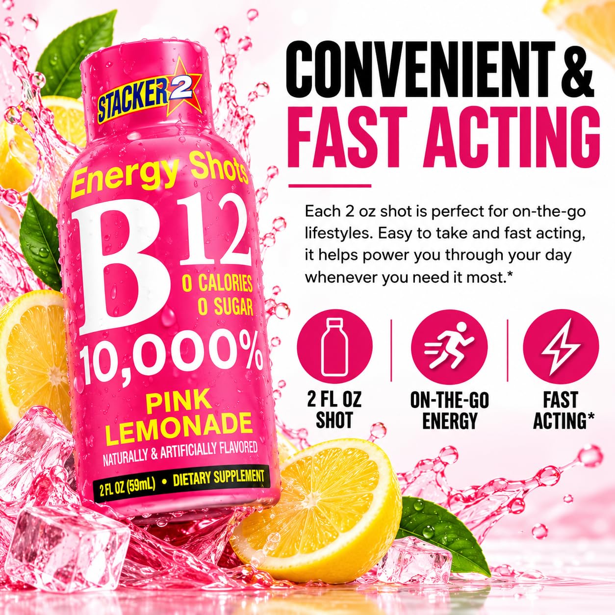 STACKER 2 B12 Energy Shots, Pink Lemonade, 12 Pack – 10,000% Daily Value Vitamin B12, Sugar Free, Zero Calories, Caffeine Energy Supplement, 2 fl oz Bottles — Amazon image 4