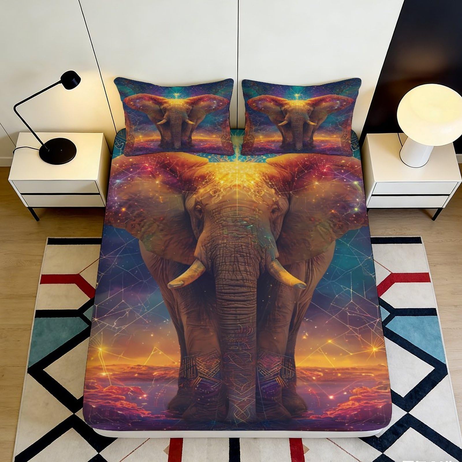 3D Printed Cosmic Elephant Fitted Sheet Microfiber Soft Breathable Galaxy Nebula Mattress Cover for Bedroom Dormitory Guest Room Decor Protection 120x200x25cm