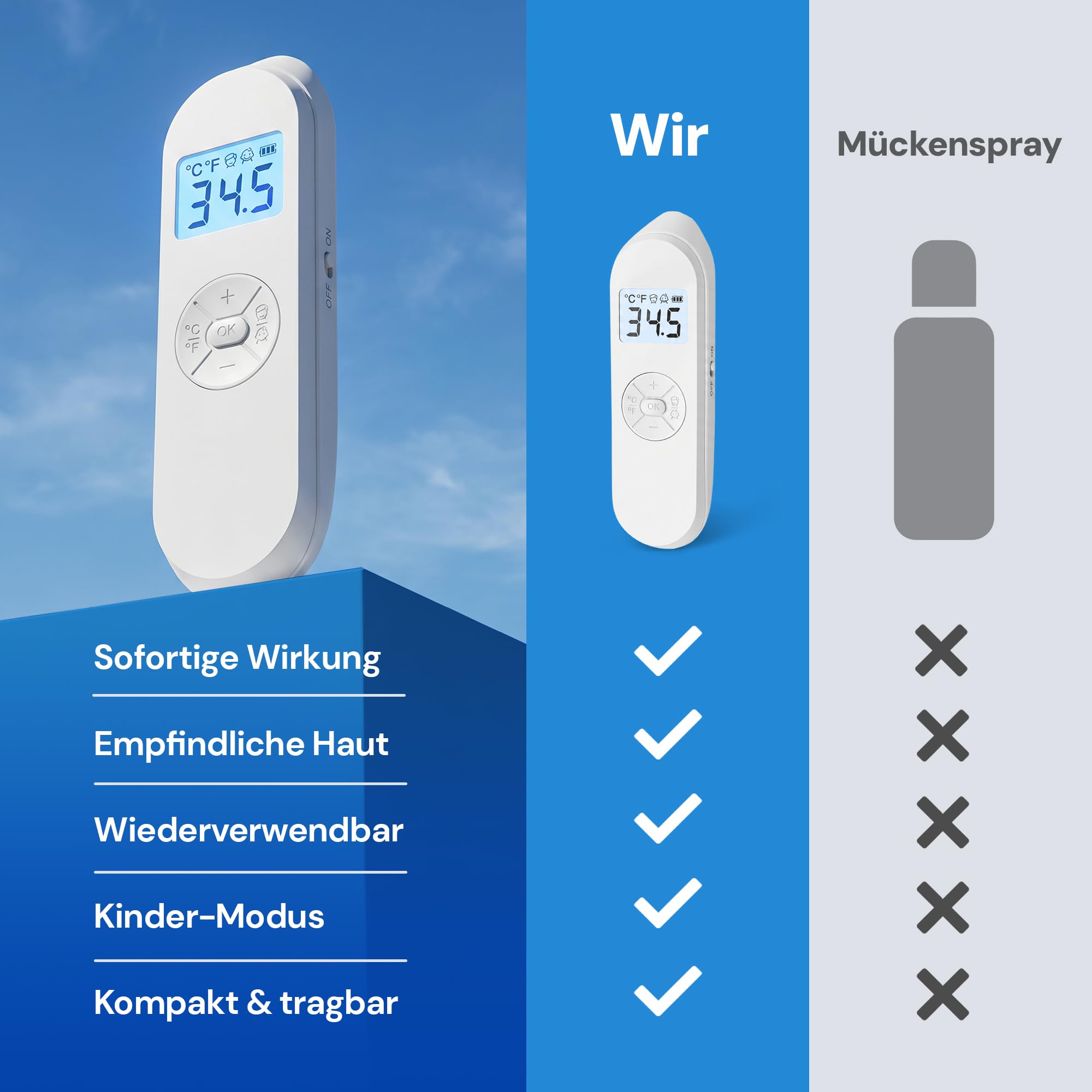 Mückenstich Hitzestift - Elektrischer Insektenstichheiler gegen Mücken- & Insektenstiche, LCD-Display, 30-55°C, USB-C, Kinder & Erwachsene