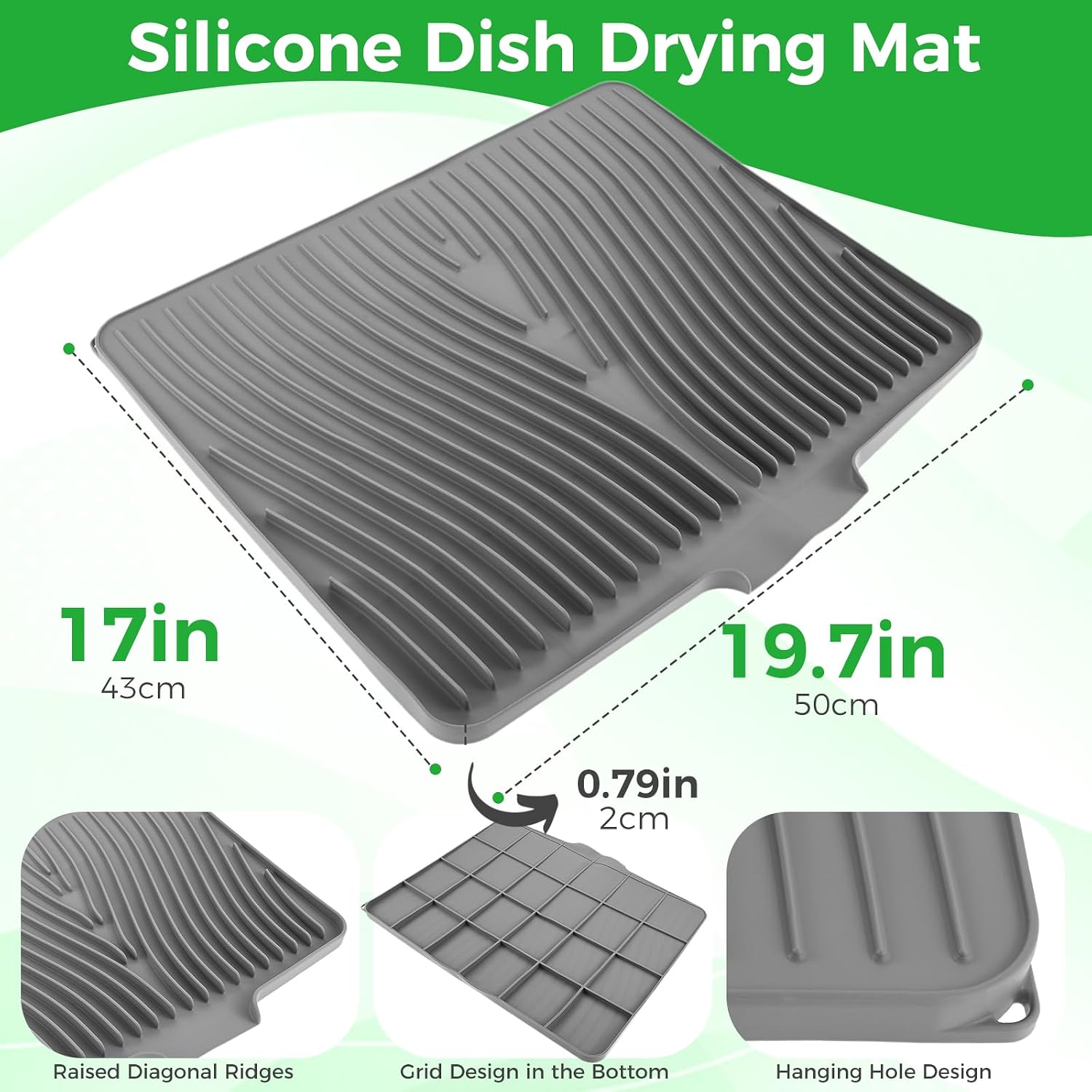 19.7" X 17" Silicone Dish Drying Mat for Kitchen Counter, Gray