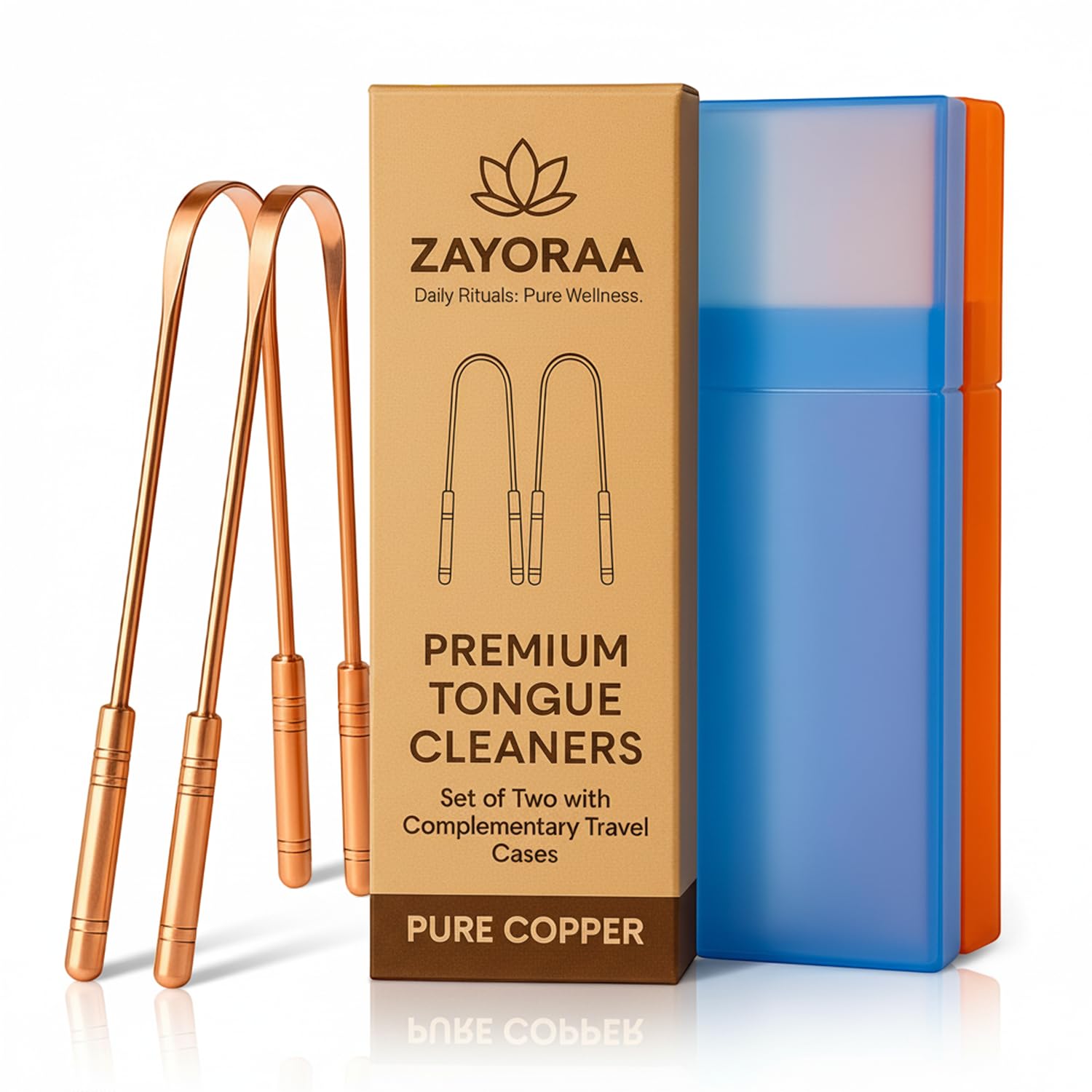 Copper Tongue Cleaner (Pack of 2) with Travel Cases - Antimicrobial, Fights Bad Breath, Thick, Durable Build, For Bad Breath Control & Better Oral Hygiene