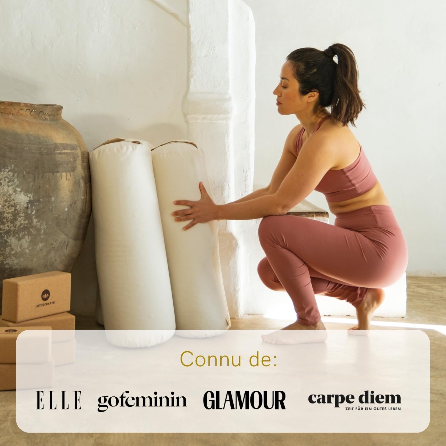LOTUSCRAFTS Rouleau de yoga pour Yin Yoga, certifié GOTS, rouleau de avec rembourrage en épeautre, housse en coton lavable, bolster, coussin yoga, pilates