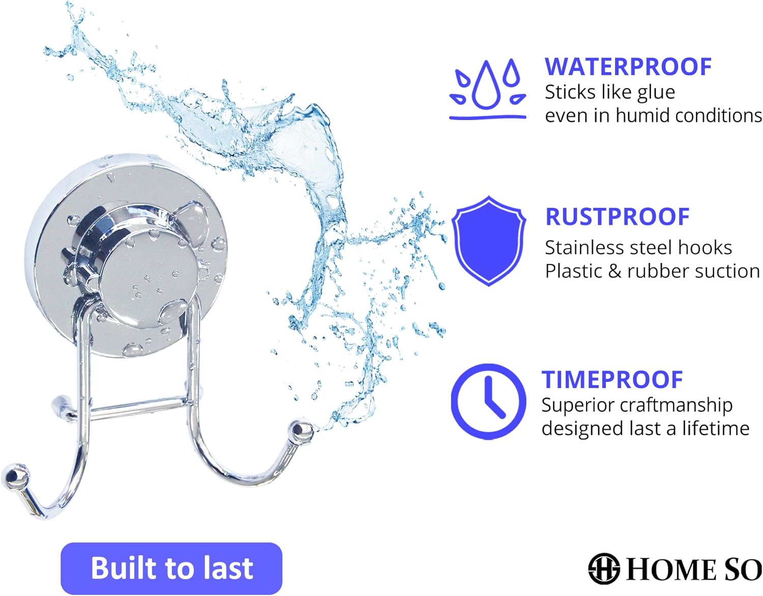 HOME SO Suction Cup Hooks for Shower & Bathroom Towel Holder 1-Pack – Suction Cups Hooks for Hanging Towels, Robes, & Coats - Tiles, Glass Door or Mirror – Shower and Towel Hooks - Chrome, Stainless
