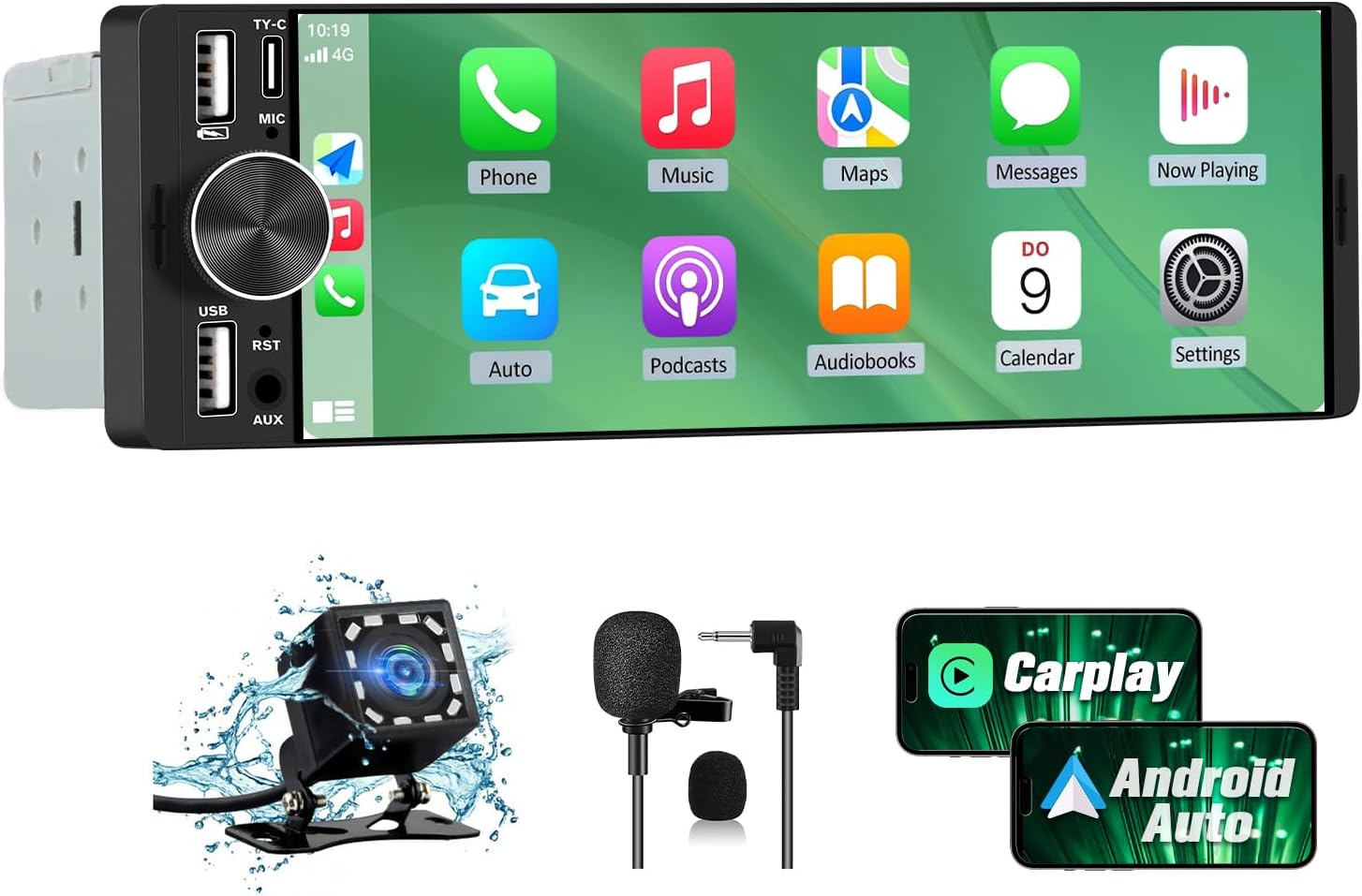AWESAFE Car Radio 1 DIN Universal with Carplay and Android Auto, 1 DIN Car Radio with 6.36 Inch Touch Screen and Rear Camera, Supports Bluetooth/Steering Wheel Controls/FM/Double USB