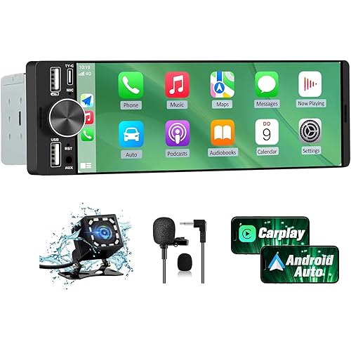 6.36" Single Din Car Stereo with Wireless CarPlay & Android Auto, IPS Touchscreen Head Unit with Backup Camera/External Microphone, Car Radio Supports Bluetooth/SWC/FM/Double USB/Type-C