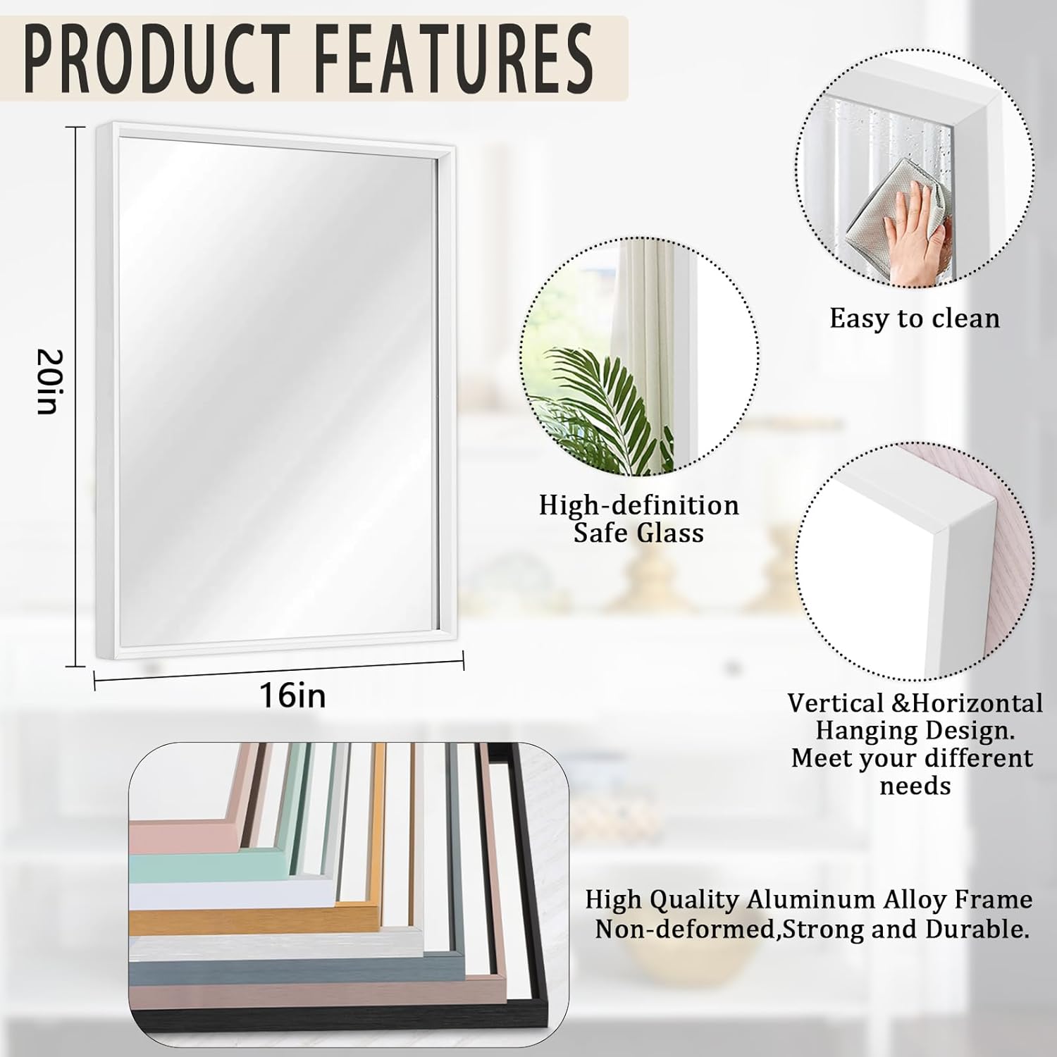 AAZZKANG Wall Mirror Large Rectangular White Mirrors with Metal Frame for Farmhouse Bathroom Bedroom Living Room Entryway Hanging Vertically or Horizontally 20"x16"