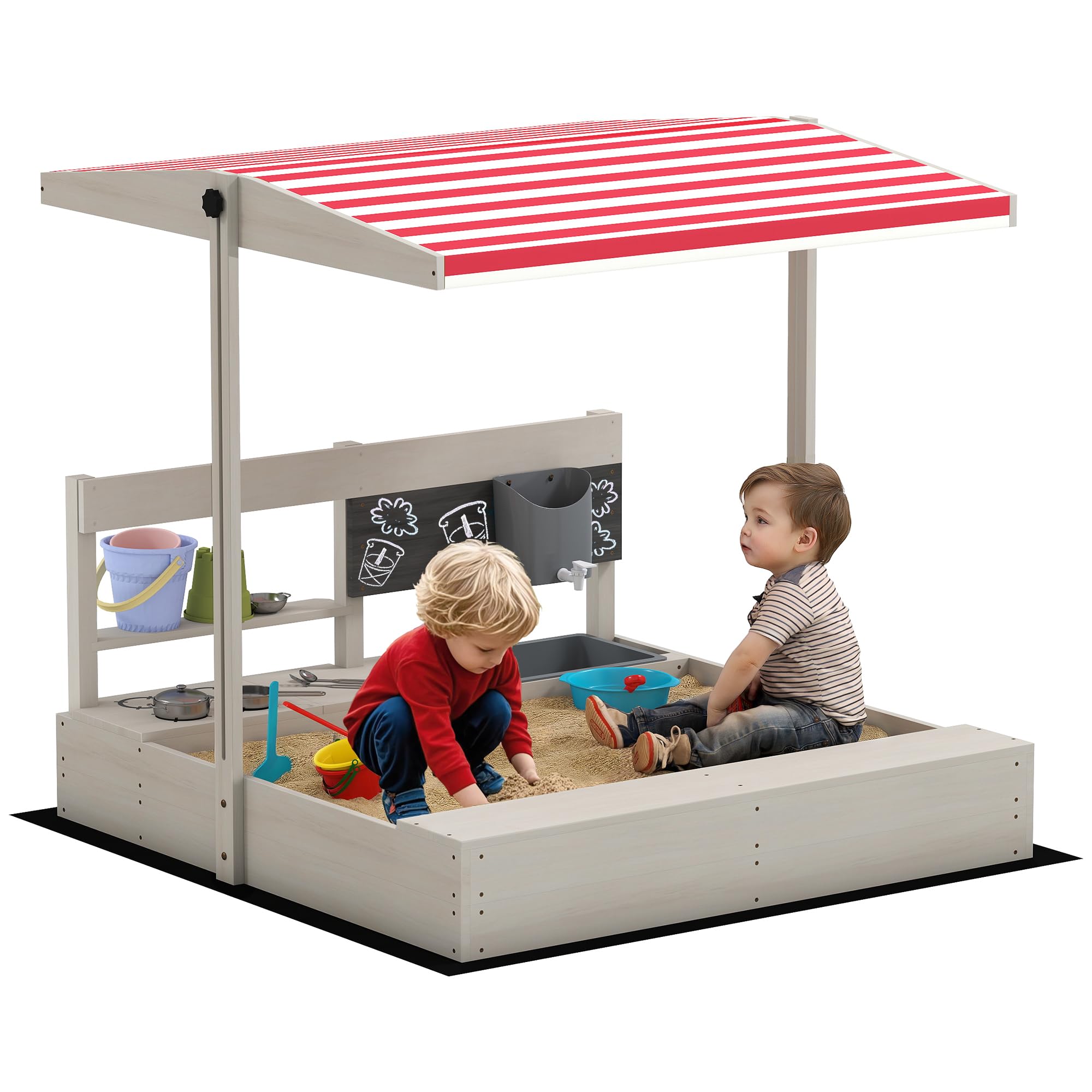 Outsunny Kids Wooden Sandbox w/ Canopy - Kitchen Toys - Seat - Storage - for Outdoor  | TJ Hughes