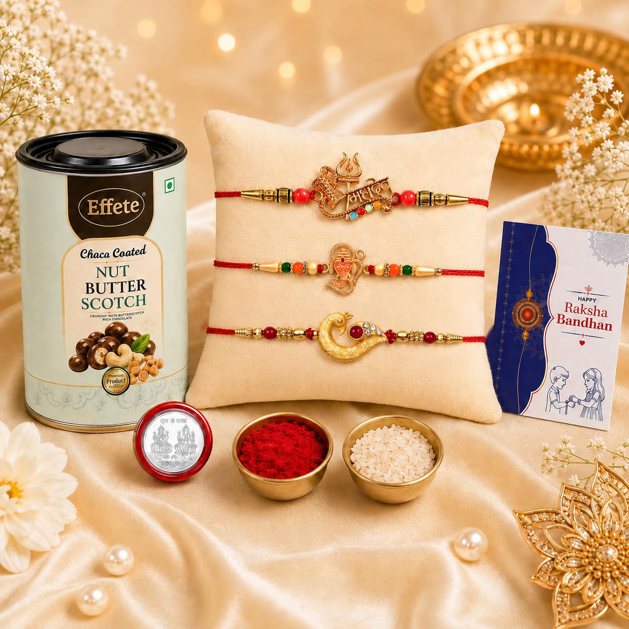 Oblivion Designer Rakhi Set of 3 for Brother – Ganesh Ji, Bhai Tag & Mahadev Design with Nut Butterscotch Chocolate 96gm, Pooja Coin, Roli Chawal & Card | Rakhi with Chocolate Combo for Raksha Bandhan