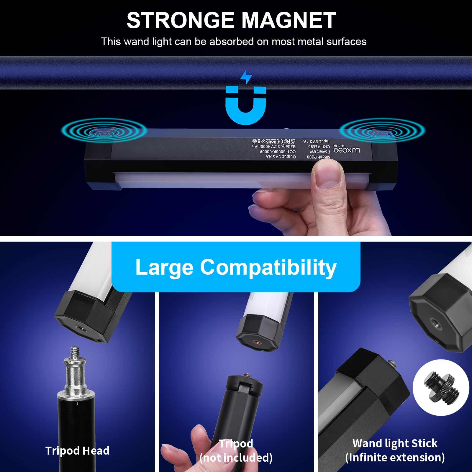 LUXCEO P200 RGB luce video bacchetta con controllo APP IP67 LED fotografia luce, CRI≥95 built-in forte magnetico, batteria 4000mAh power bank, 3000k 6000k dimmerabile continuo bastone colorato