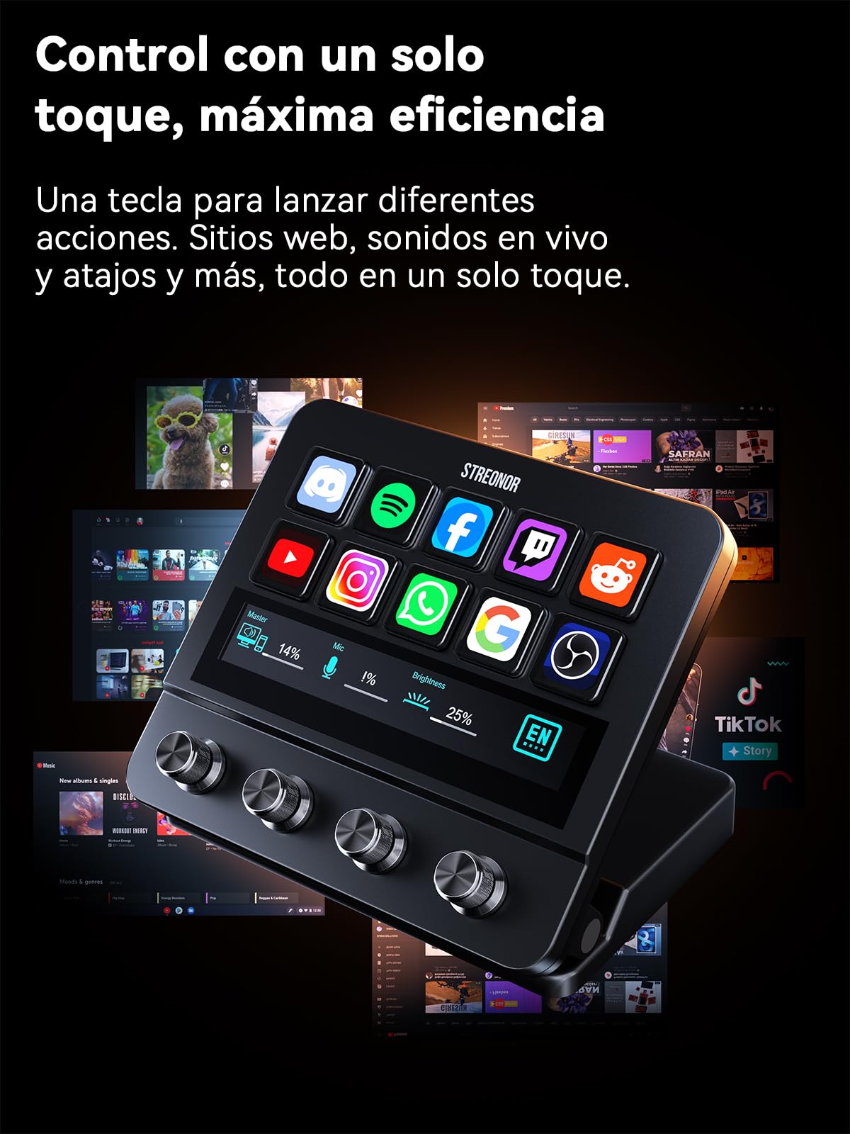 STREONOR Stream Controller Pro S10 Stream Control Deck con 10 teclas personalizadas y pantalla táctil deslizante con 4 perillas ajustables para transmisión, creadores de contenido, juegos, PC y Mac