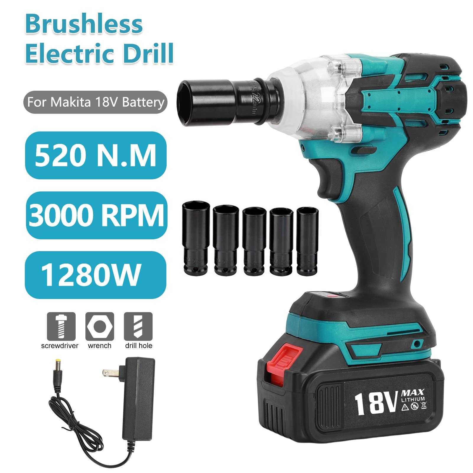 Amazon.com: 無繩衝擊扳手,1/2 英吋(約1.2 公分)無刷扳手,附18V 無刷[ 3000 RPM]馬達13000 mAh 電動扳手[6  個插座] 高扭力動力衝擊扳手適用於汽車家庭