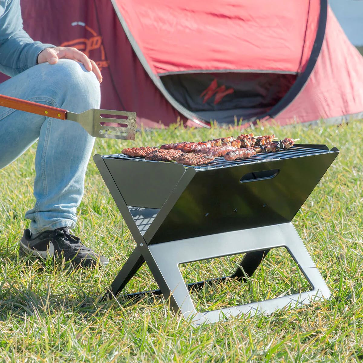 InnovaGoods® Faltbarer tragbarer Holzkohlegrill Foldyq, traditionelles und gesundes Kochen Ihrer Lebensmittel, aus Stahlmaterial, ideal für Zuhause und Garten.