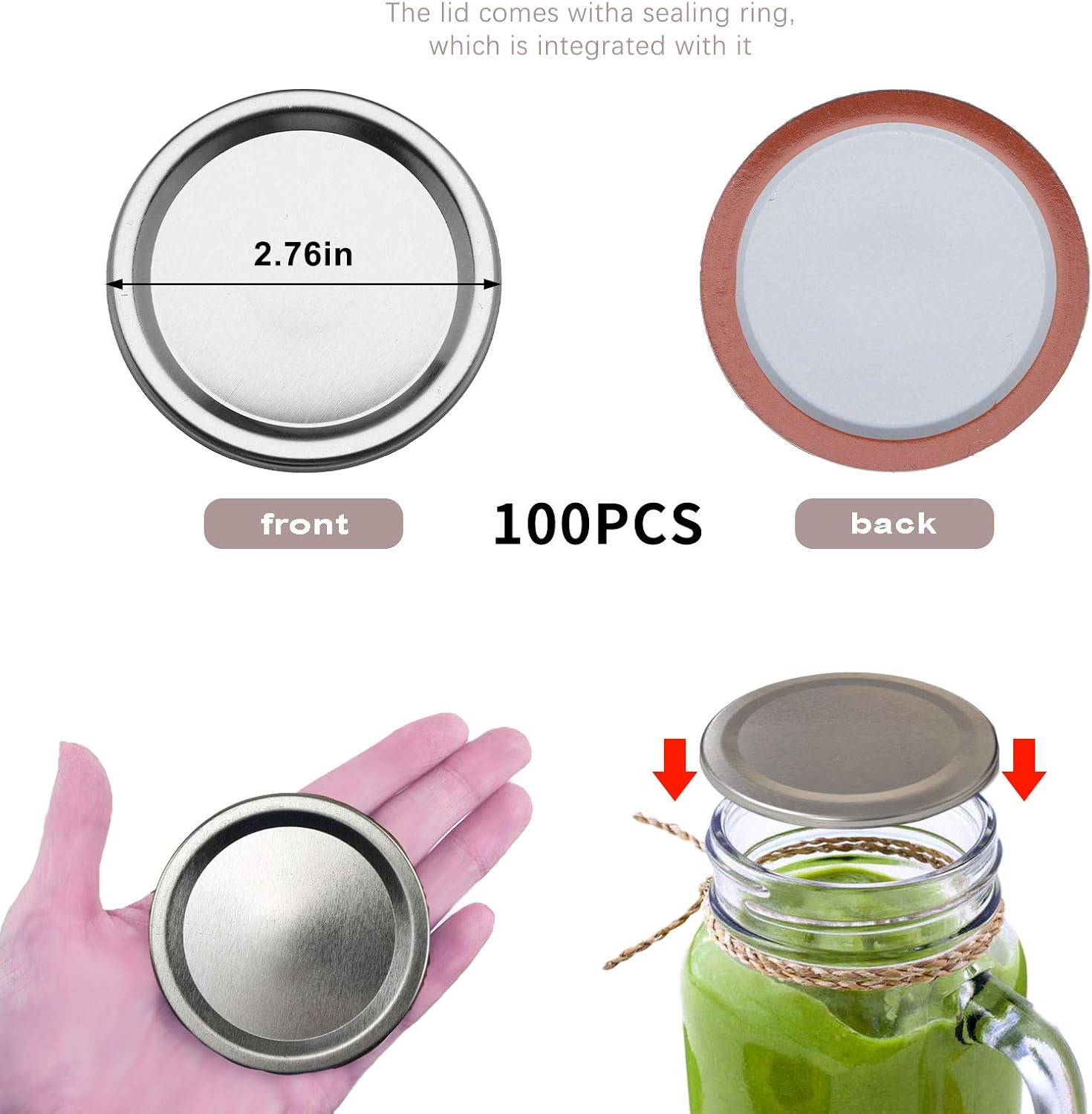 100 Pcs Regular Mouth Canning Lids,70MM Mason Jar Canning Lids, Reusable Leak Proof Split-Type Silver Lids with Silicone Seals Rings