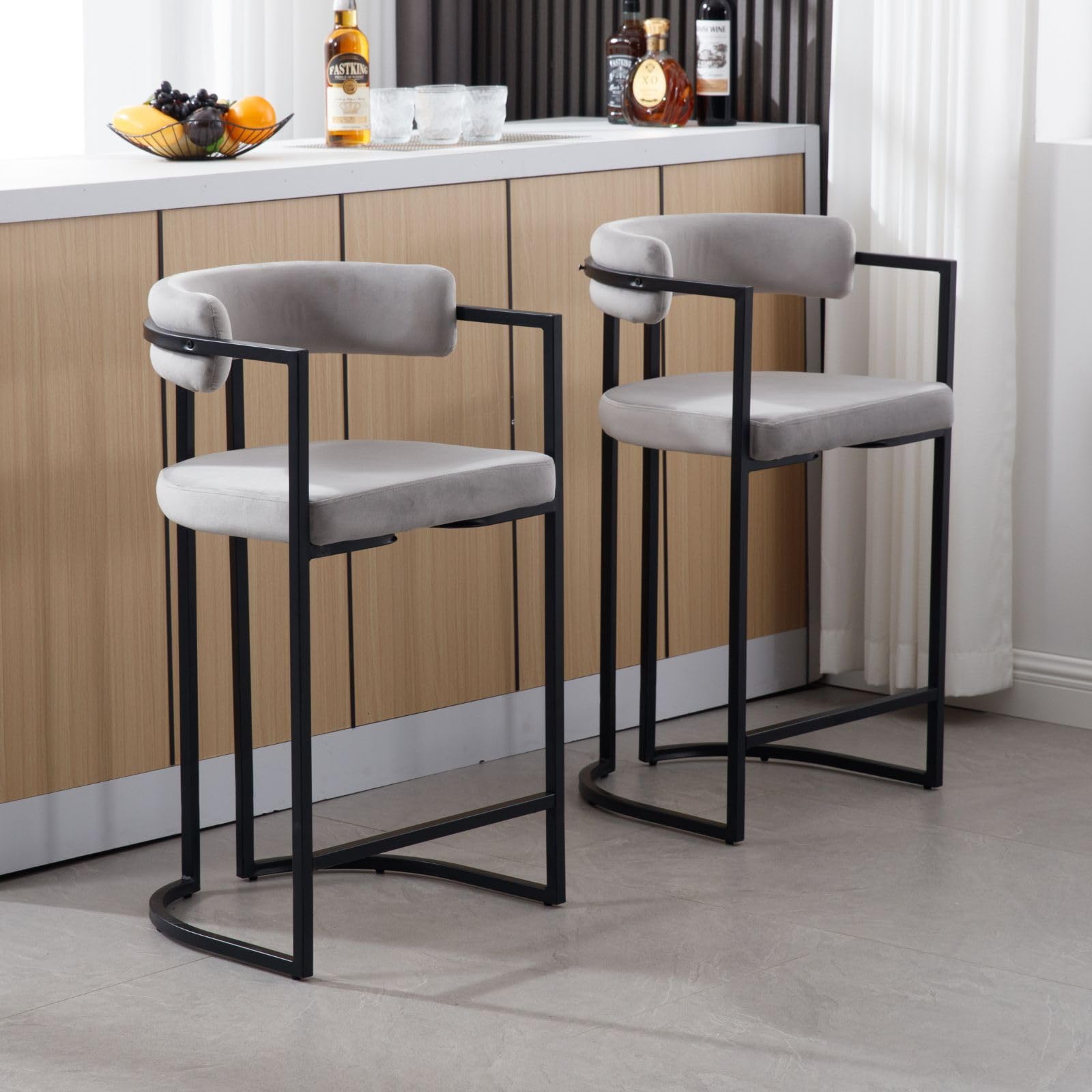 Ya-Home 2X Taburetes Altos de Cocina Modernos Sillas Bar de Terciopelo con Respaldo,Taburetes Altos de Mostrador con Patas Metálicas para Isla de Cocina/Restaurante,Gris
