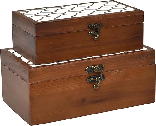 Juego de 2 cajas de almacenamiento de madera con tapa de incrustaciones blancas, cajas de recuerdo decorativas con pestillo de metal, organizador de