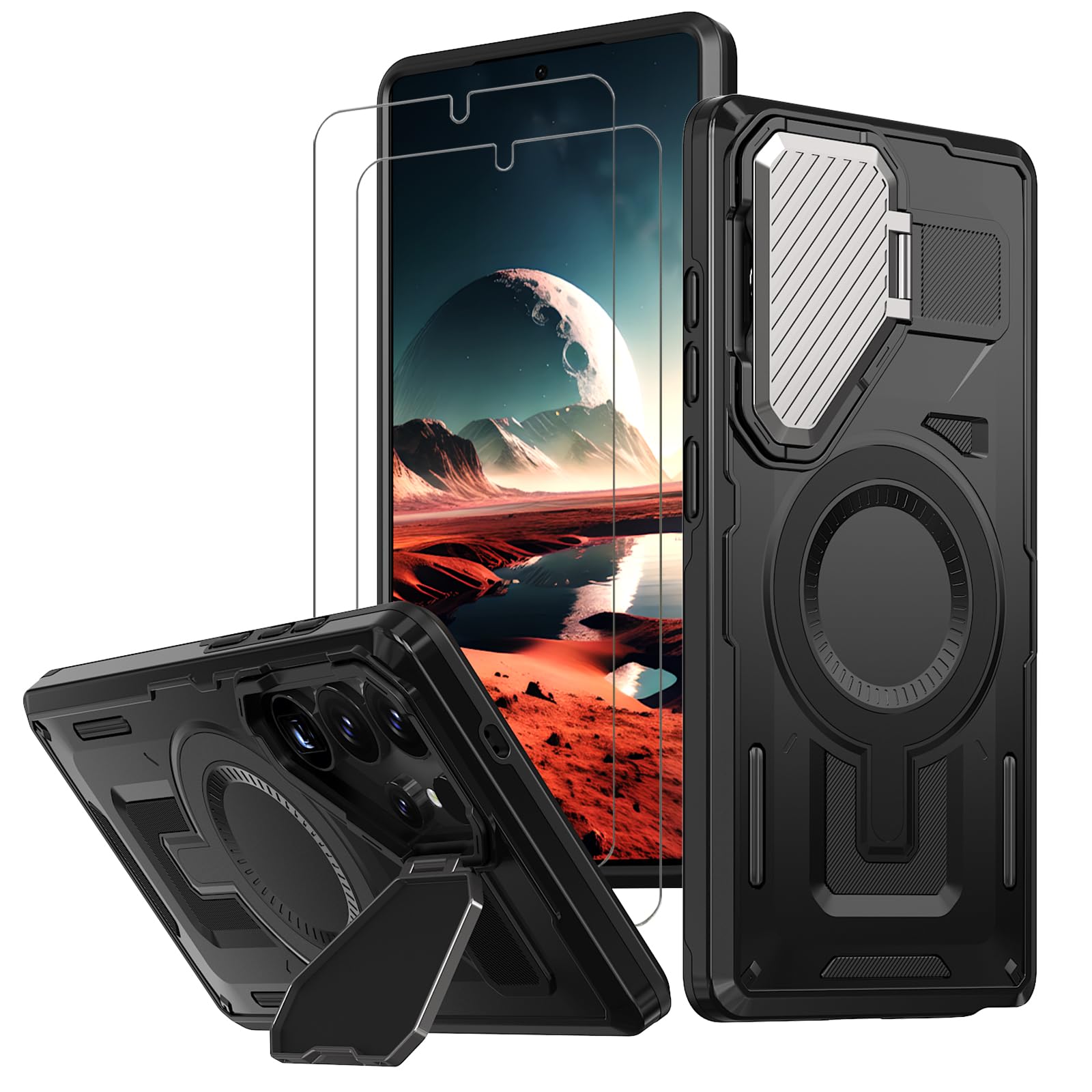 【強化フィルム2枚付き】HCXLYP Galaxy S25 Ultra ケース MagSafe対応 隠れスタンド レンズ保護 Galaxy S25ウルトラ ケース ワイヤレス充電対応 スマホケース SC-52F ギャラクシーS25ウルトラ 携帯ケース 耐衝撃 傷防止 全面保護 米軍MIL規格 ブラック