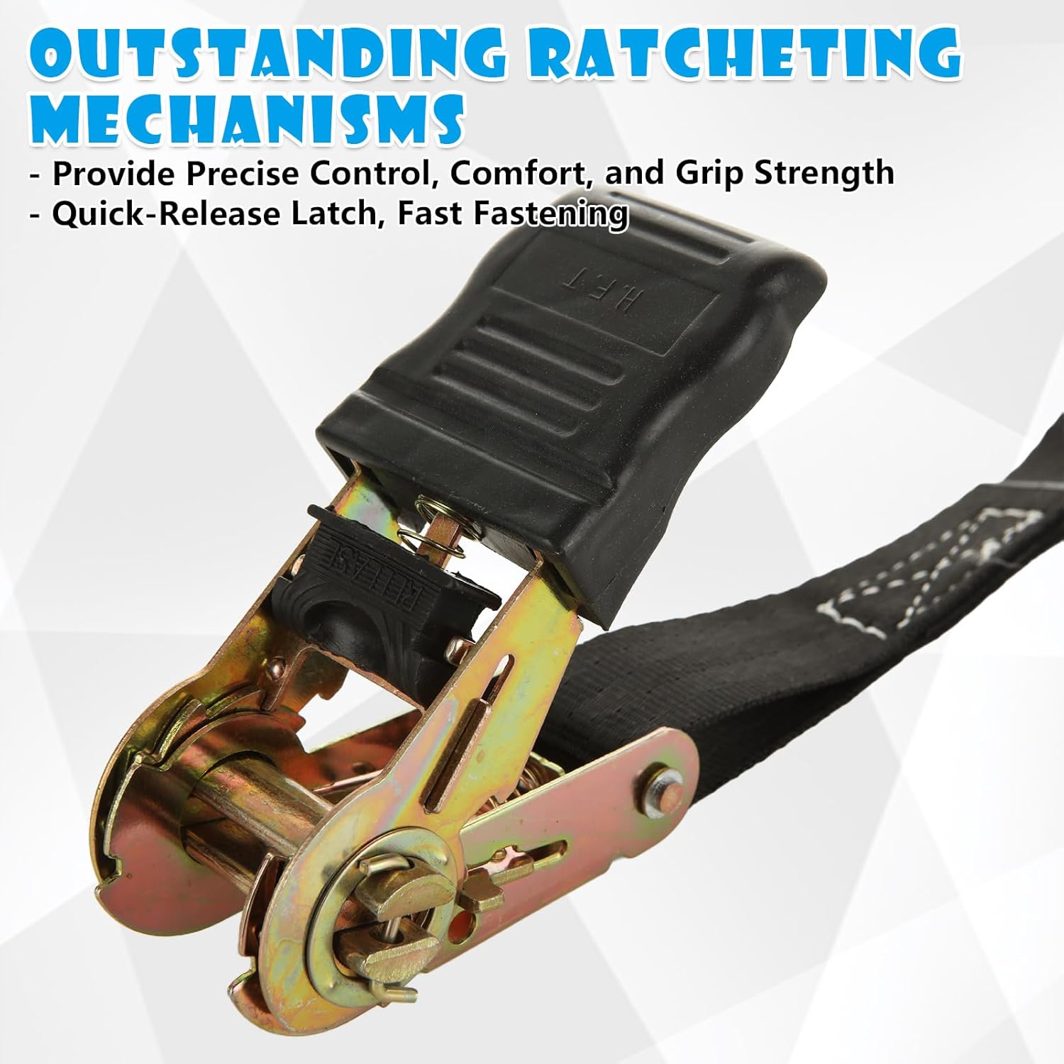 4pc 1in Ratchet Straps - Heavy Duty 20ft Tie Downs with Hooks, Black Ratcheting Straps for Motorcycle & Trucks - 2645 LBS Strength - Image 4