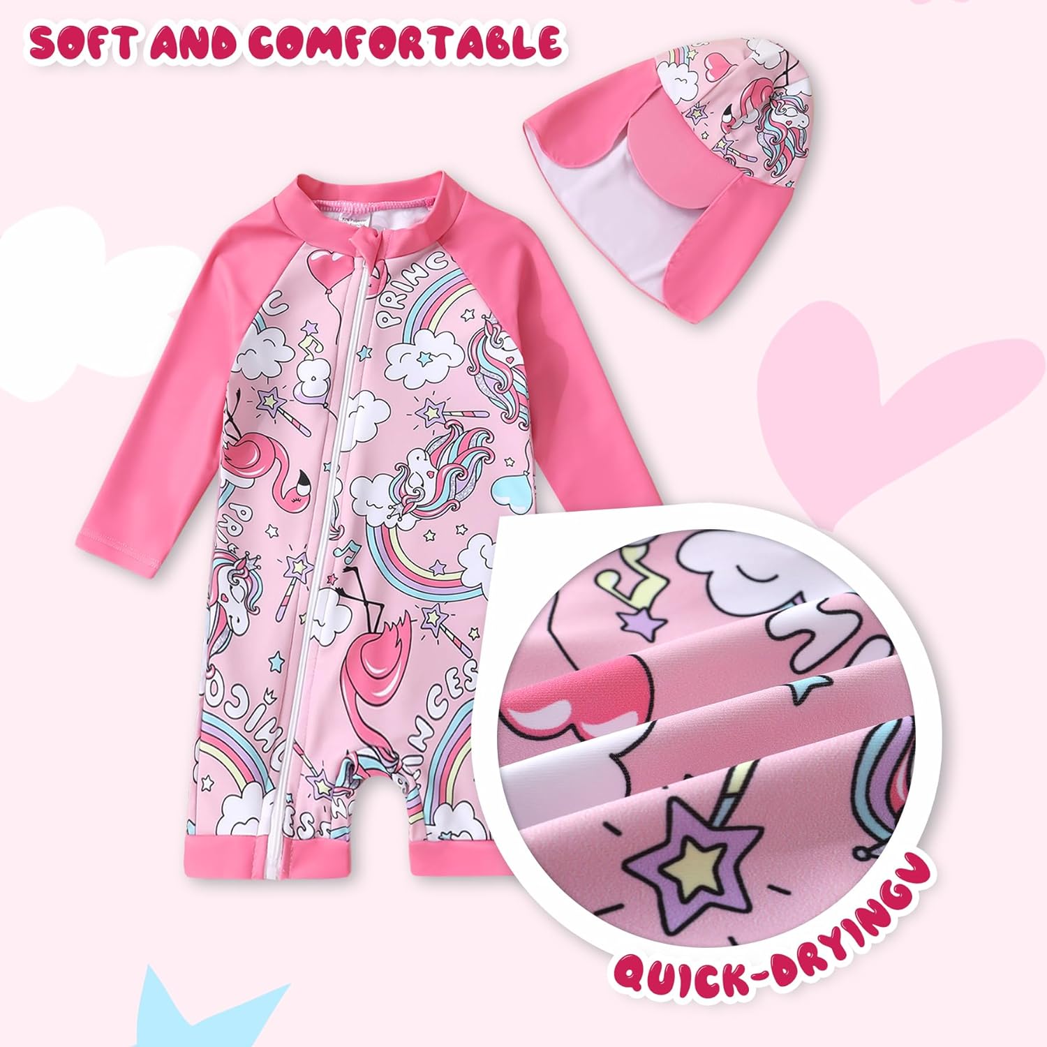 Toddler Baby Girls Swimsuit One-Piece Zipper Swimwear UPF 50+ Sun Protection Bathing Suit with Hat - Image 5