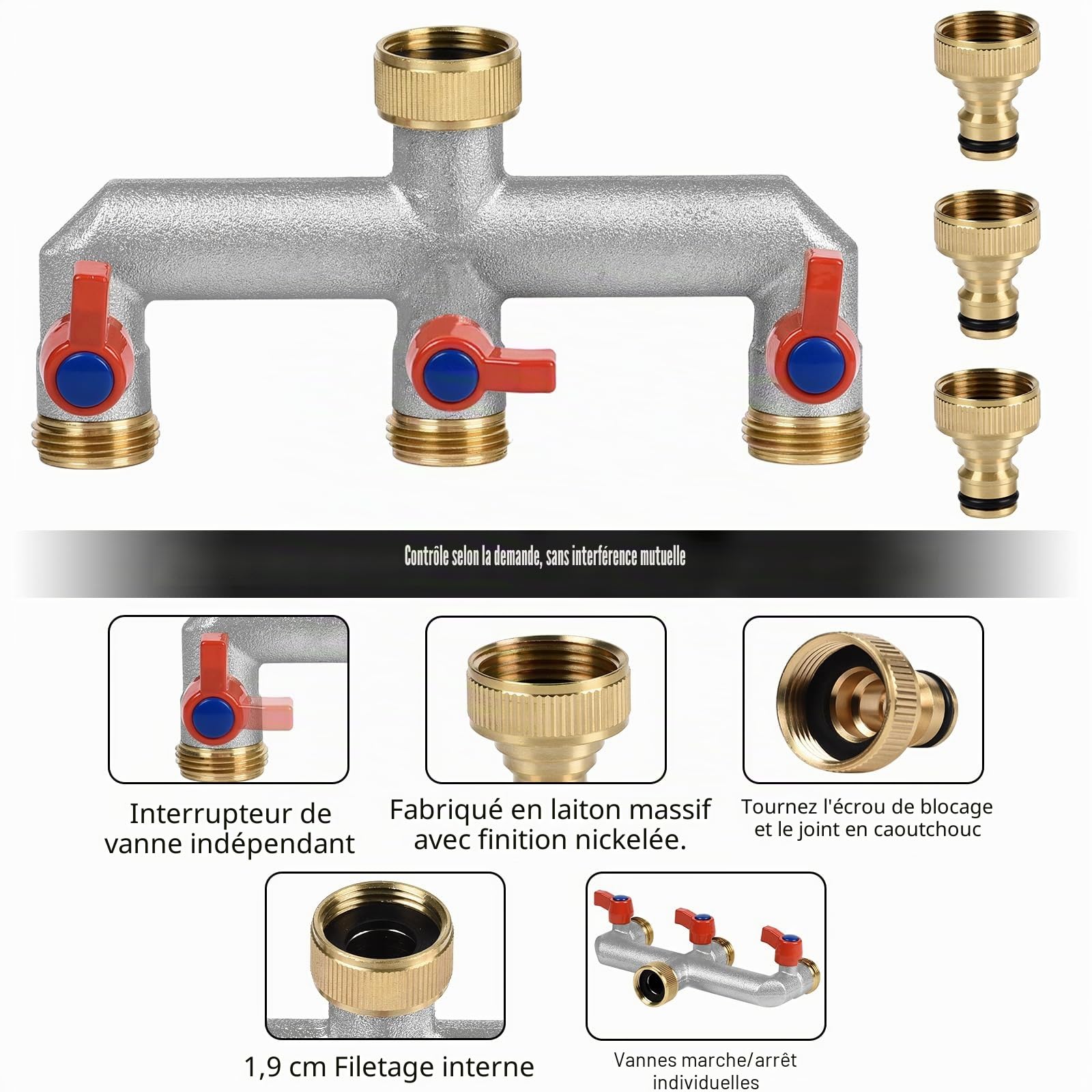 Répartiteur de robinet 3 voies en laiton de 1,9 cm avec 3 valves individuelles marche/arrêt et trois connecteurs rapides pour système d'arrosage de robinet de cuisine de jardin