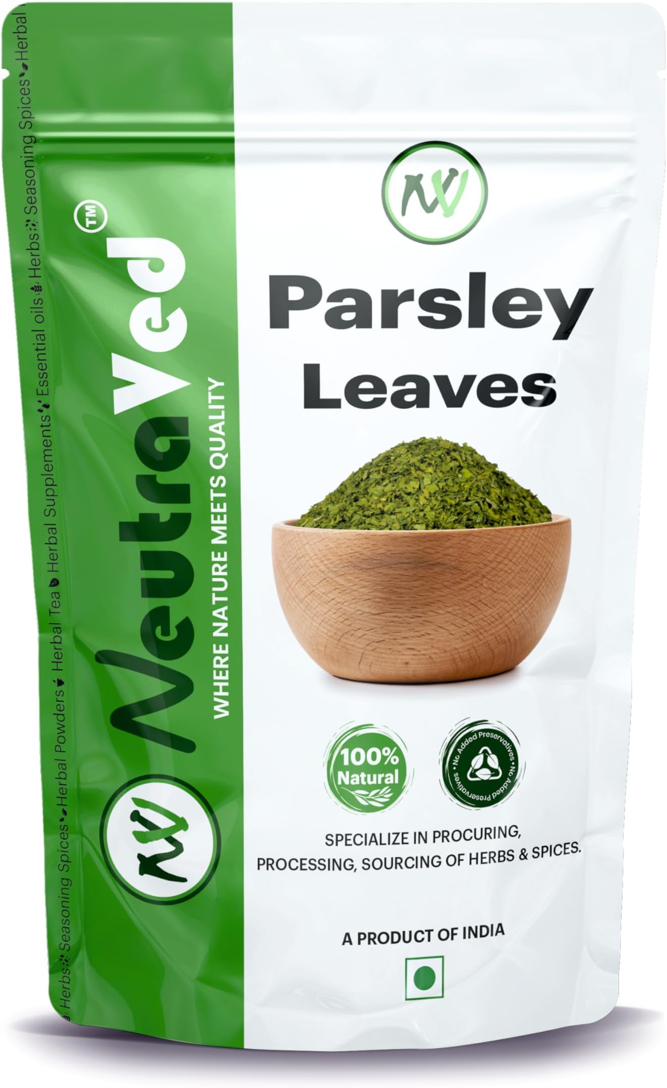 NeutraVed Parsley Dried Leaves (Flakes) 70 grams | Export Grade Herb for Seasoning Pasta, Curries, Sauces and Tea | No Added Colour and Preservatives | Food-Grade Stand-Up Zipper Pouch - 70 grams