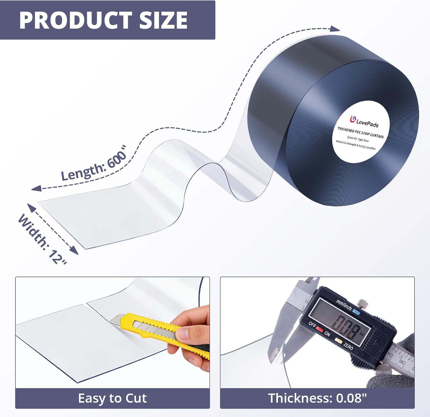 LovePads Clear PVC Strip Door Curtain with Knife & Tape Measure - Plastic Walk in Cooler Curtains, Thermal Freezer Cover for Commercial Warehouse & Garage, 12" x 50' Bulk Roll