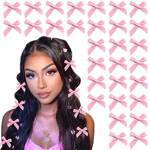 Miniatura 1 de YAEISM 30 pinzas para el cabello con lazo, de satén rosa, mini lazo, accesorios para el cabello, lindos pasadores de lazo para el cabello,