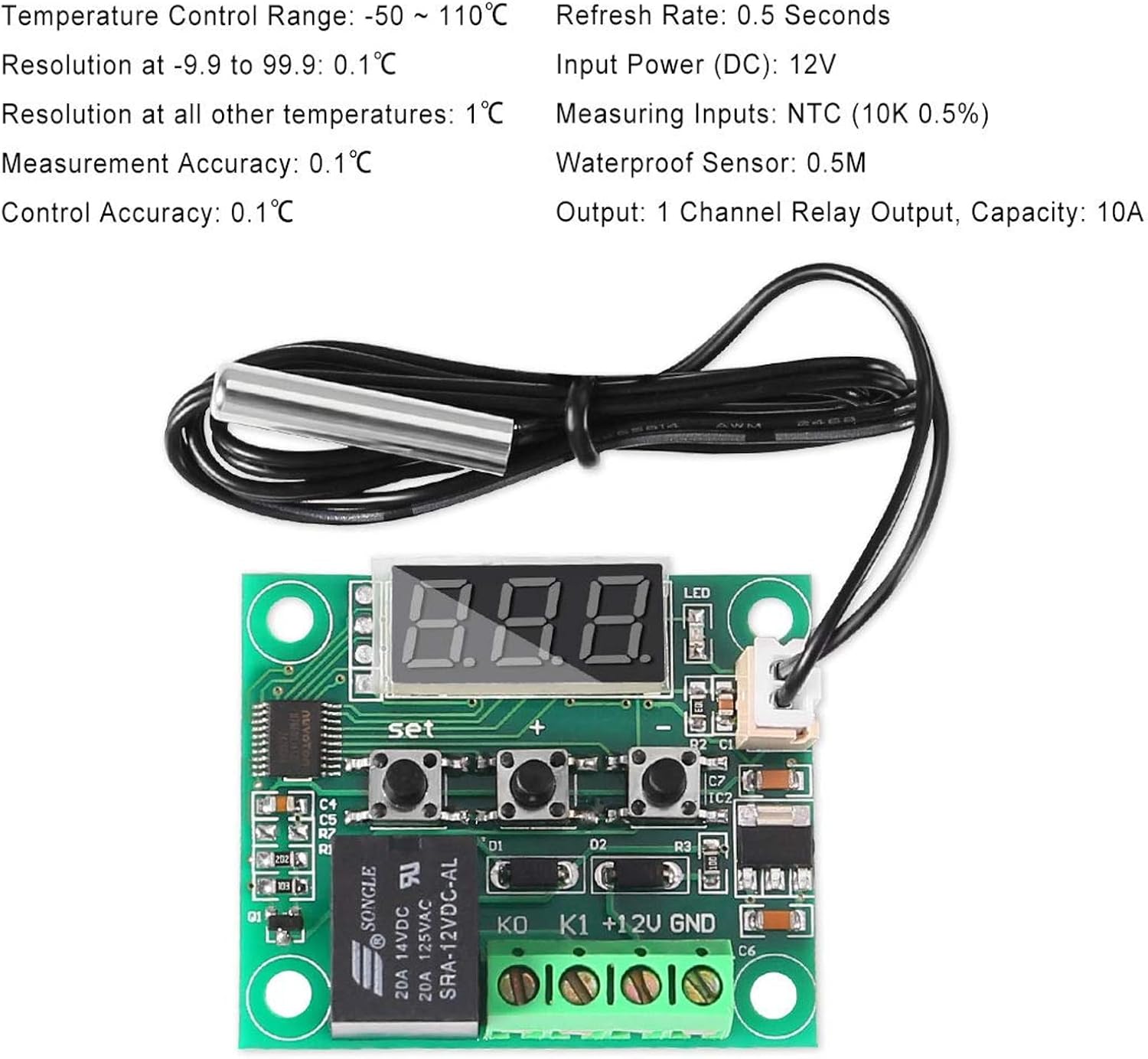 Technical specifications of the TECKEEN XH-W1209 temperature controller module